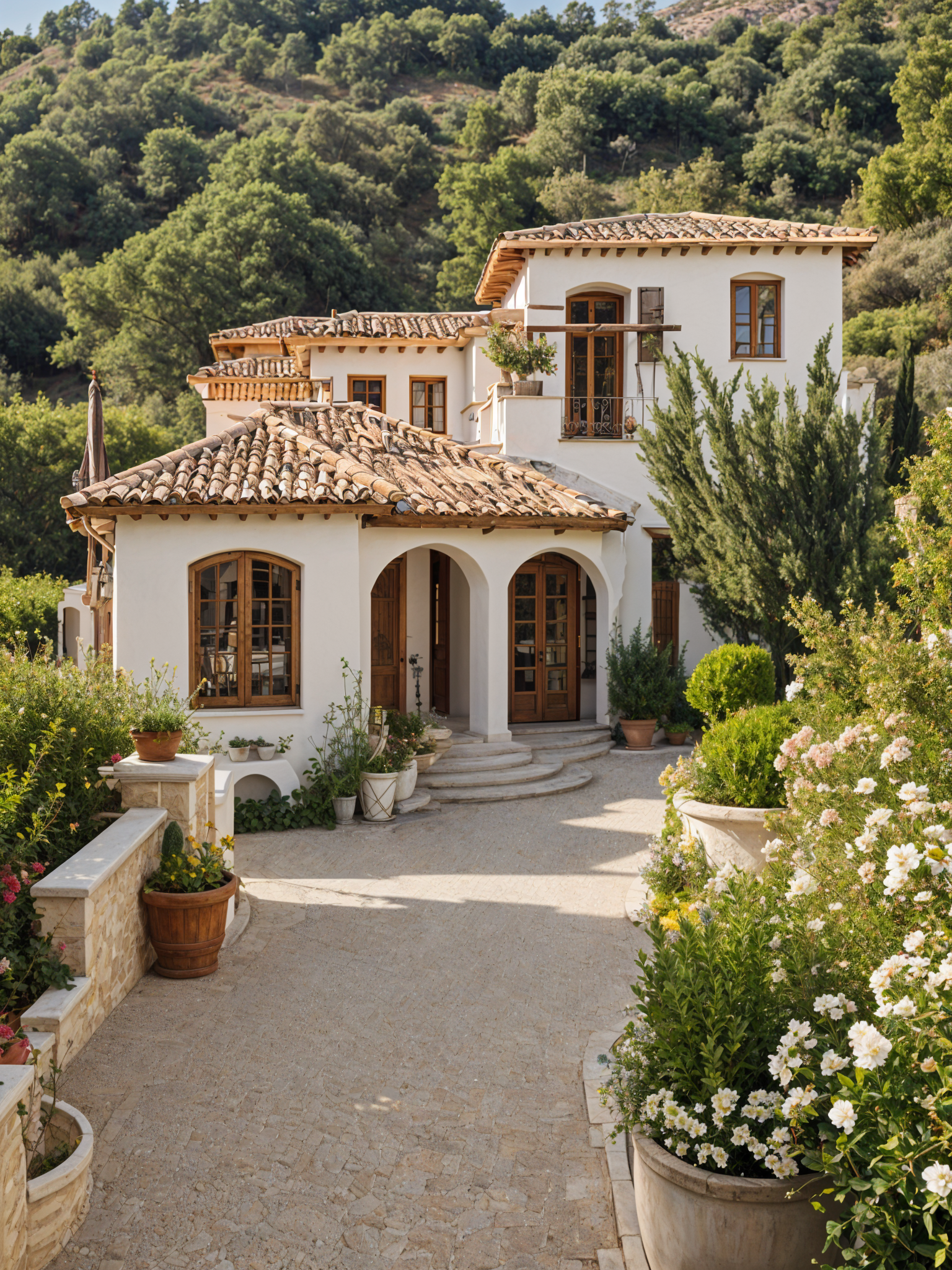 A Mediterranean-style house with a garden, surrounded by trees.