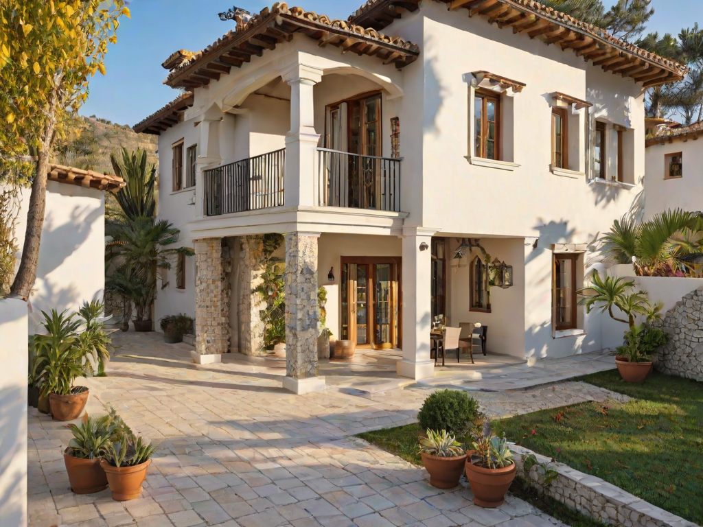 A white Mediterranean house with a garden and potted plants in front of it.