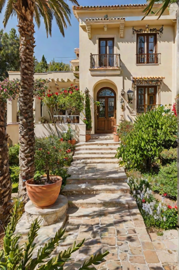 A Mediterranean-style house with a beautiful garden, featuring a staircase leading up to the front door. The house is adorned with many potted plants and flowers, creating a lush and inviting atmosphere. The stairs are made of stone, adding to the charm of the property.