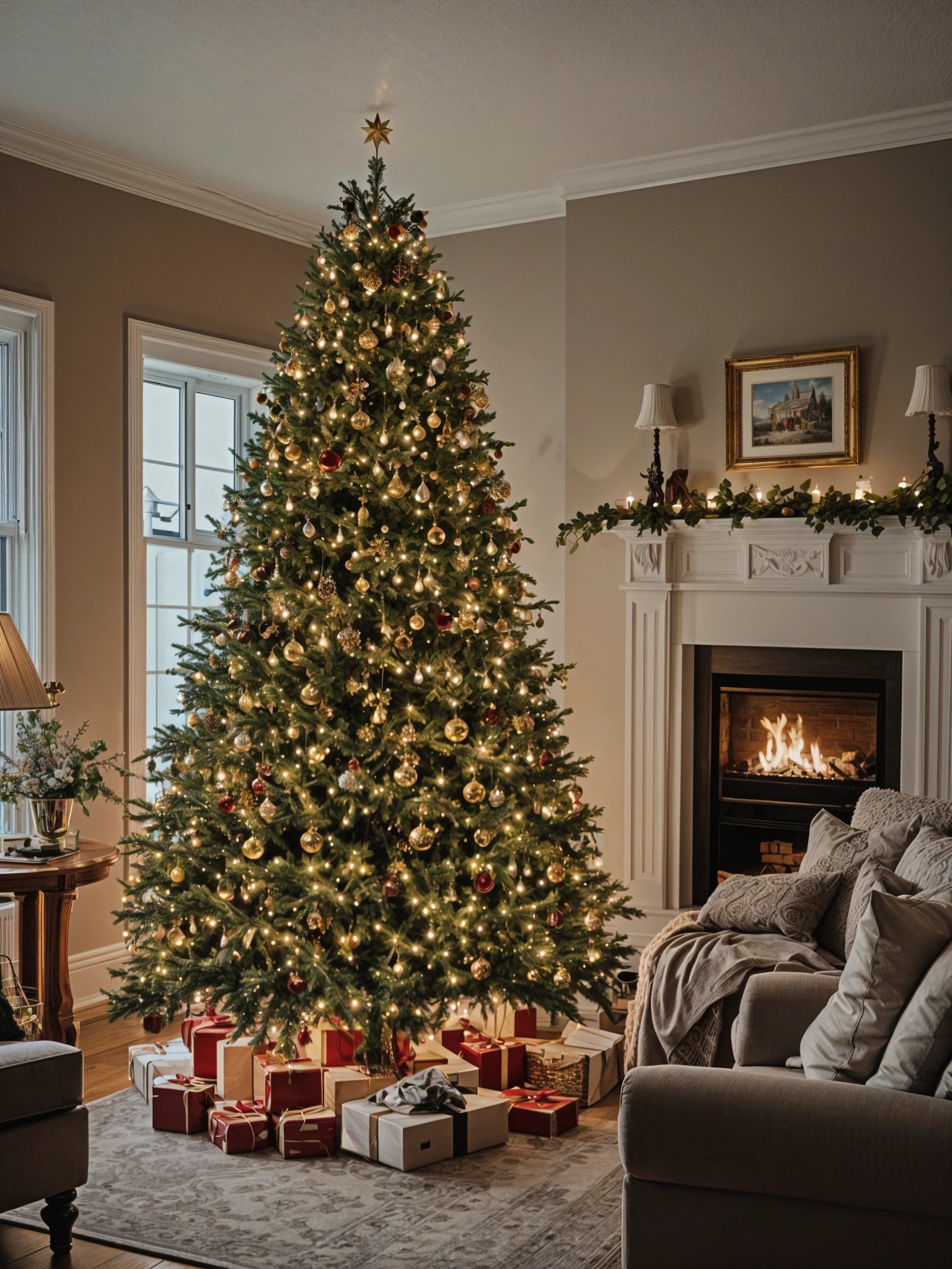 A Christmas tree in a living room, surrounded by presents and a fireplace.
