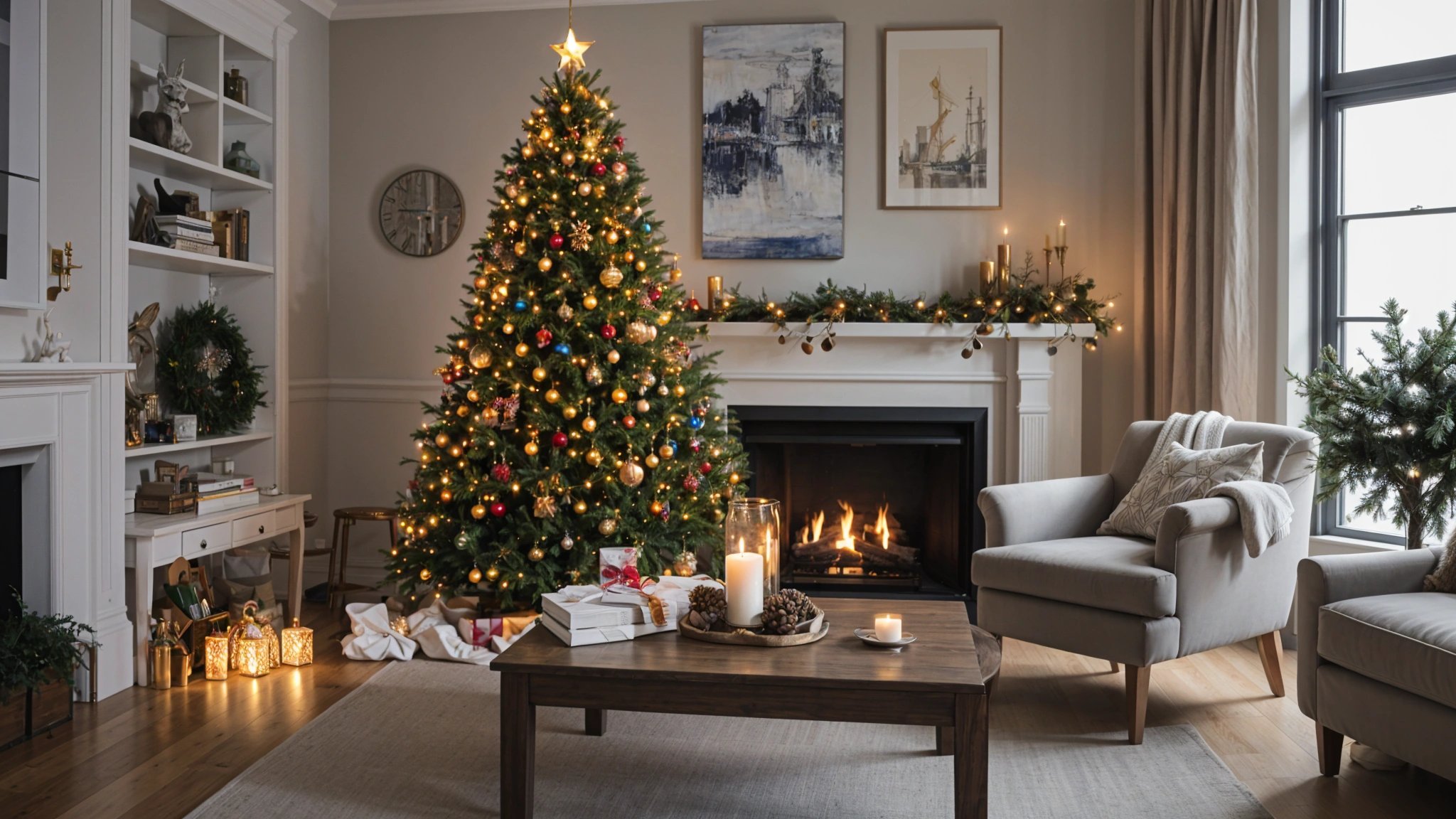 A Christmas tree in a living room with a fireplace and a table with presents. The room is decorated with candles and a clock on the wall.