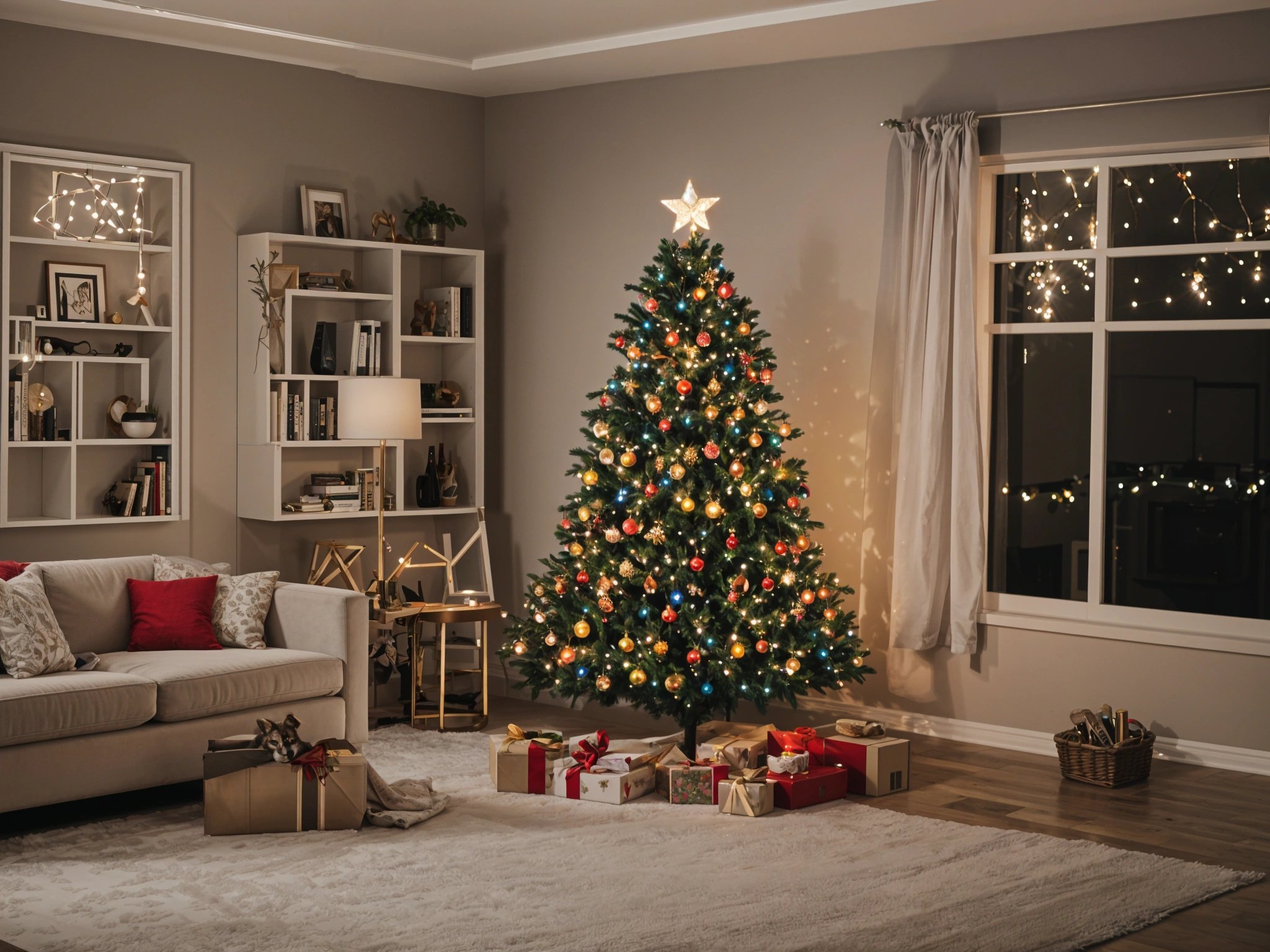 A Christmas tree in a living room with presents underneath it. The tree is decorated with ornaments and lights, creating a festive atmosphere.