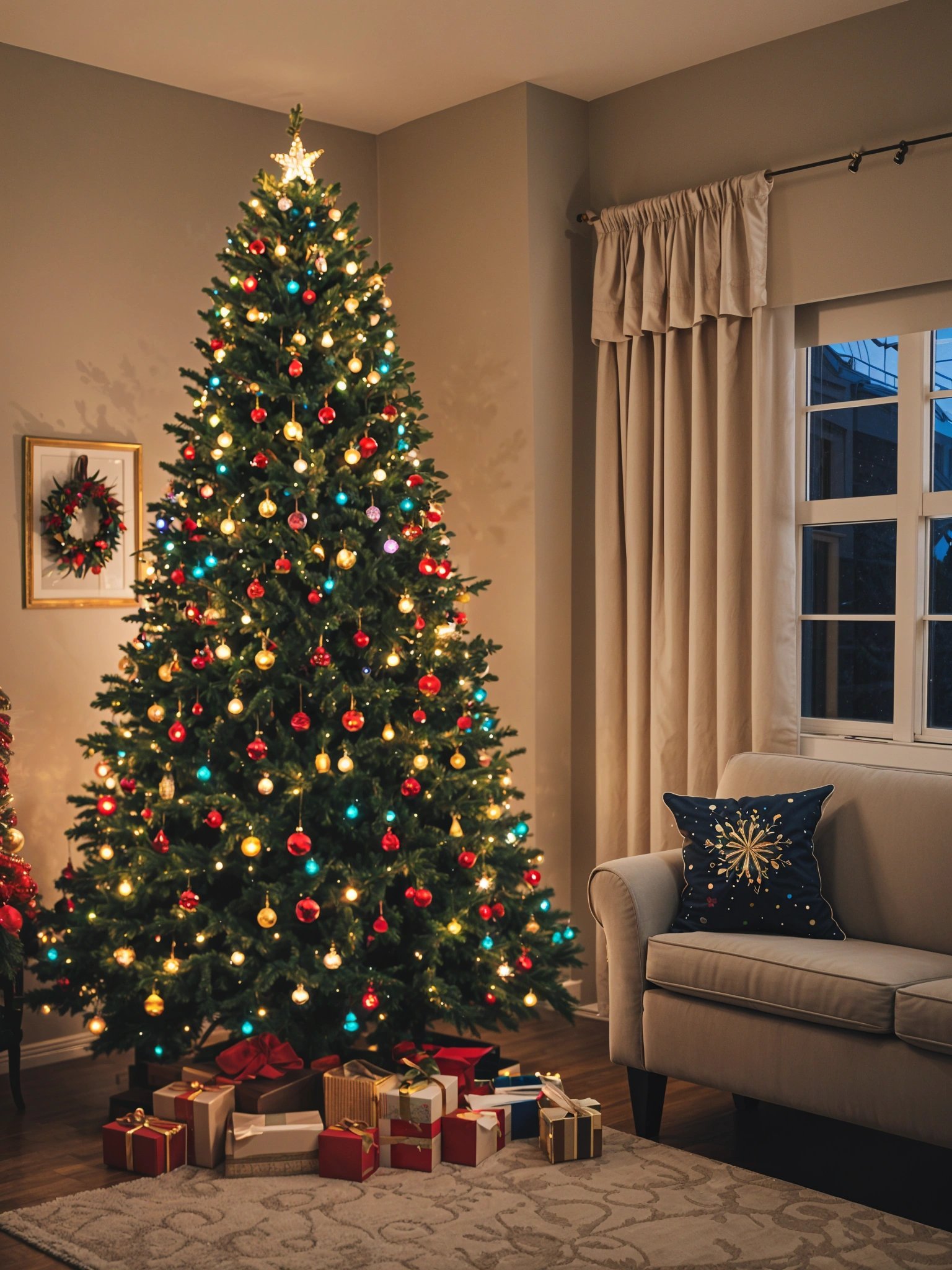 A Christmas tree in a living room, surrounded by a couch and chair. The tree is decorated with ornaments and lights, creating a cozy and festive environment.