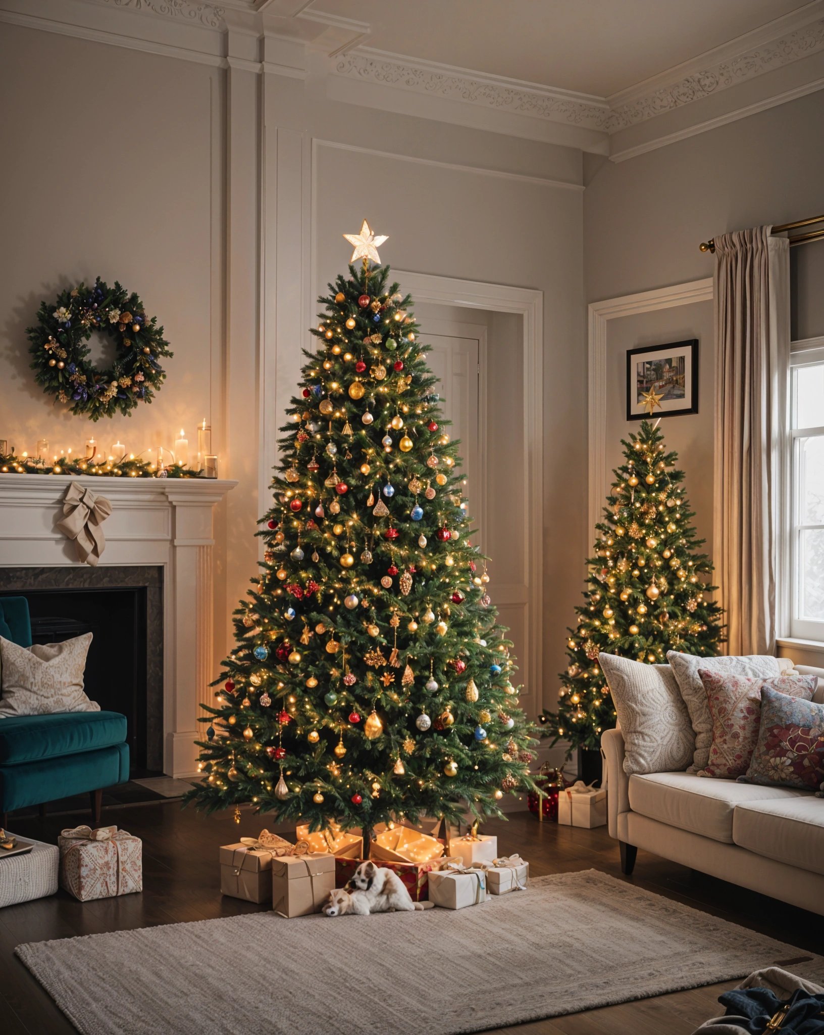A Christmas tree in a living room with presents underneath and two smaller trees. The room is furnished with a couch and a chair.