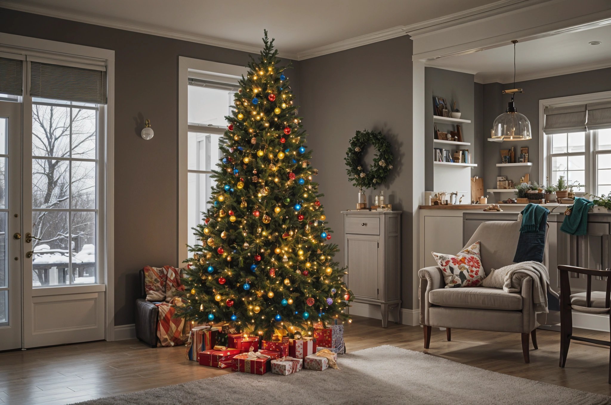 A Christmas tree in a living room with presents and lights. The room is decorated in grey and white.