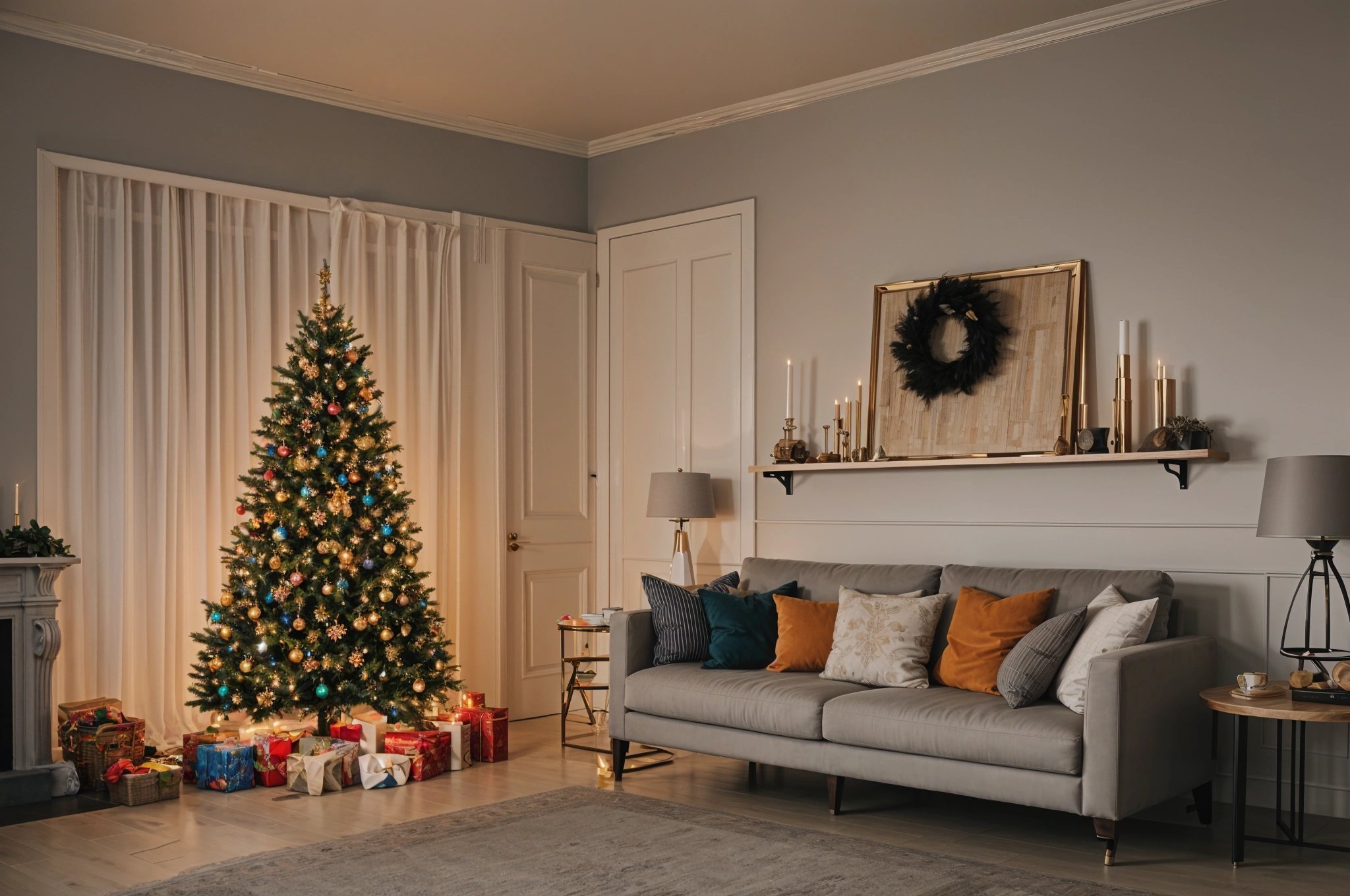 A living room with a Christmas tree and a couch with pillows in front of it.