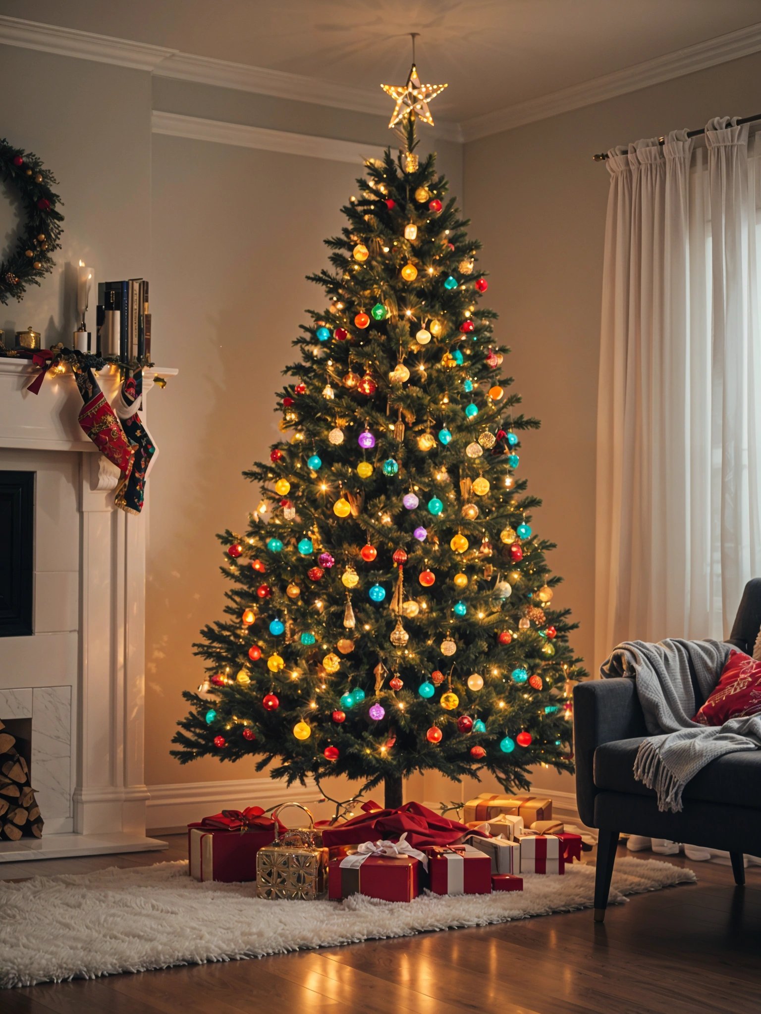 A Christmas tree with colorful lights and ornaments, in front of a fireplace.