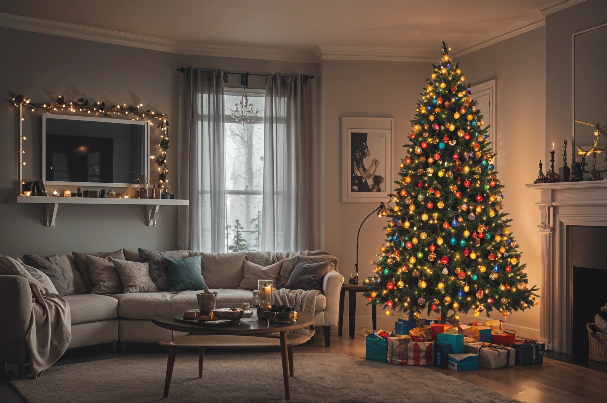 A living room with a Christmas tree and presents. The room has a couch, coffee table, and large window.