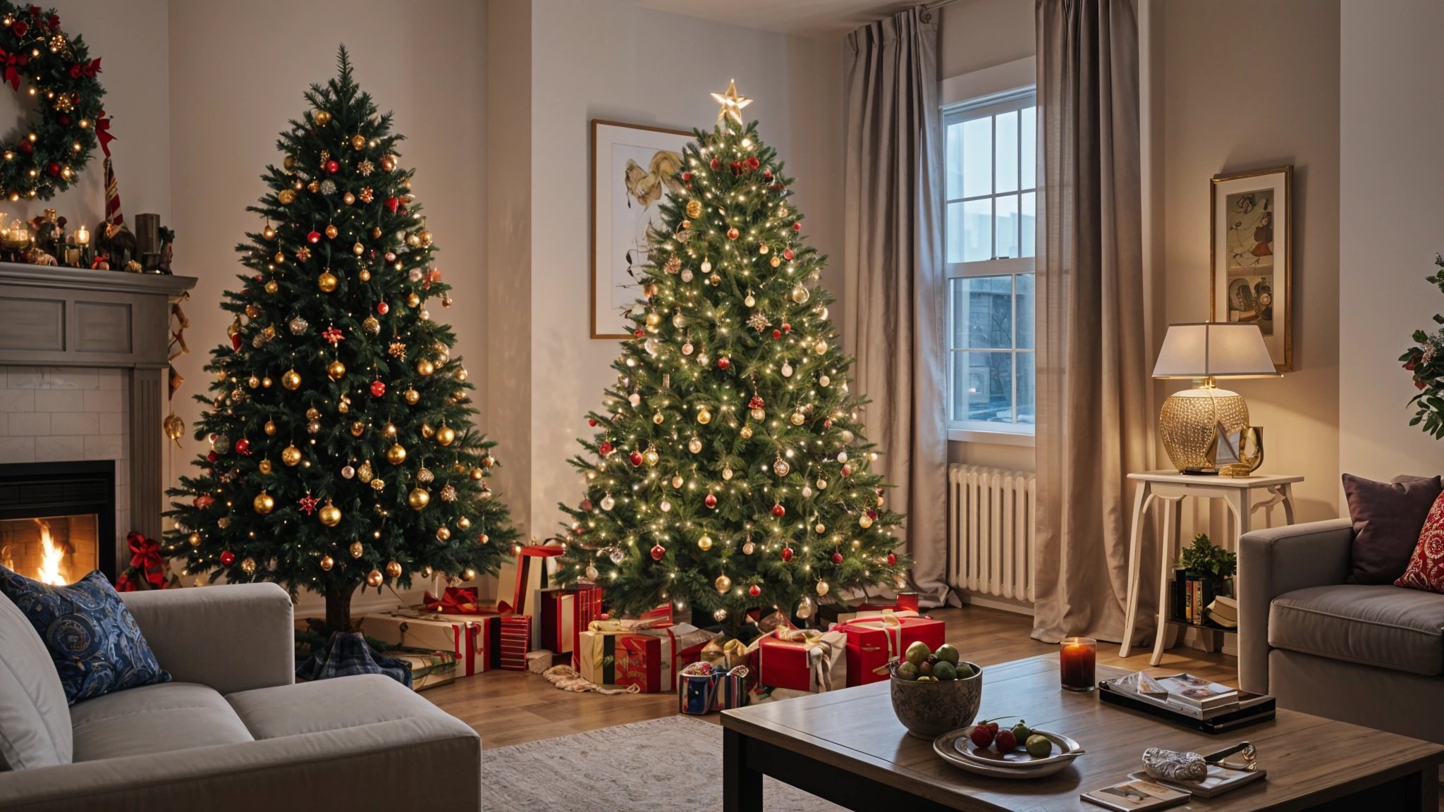 Two beautifully decorated Christmas trees in a cozy living room with presents and a bowl of fruit.