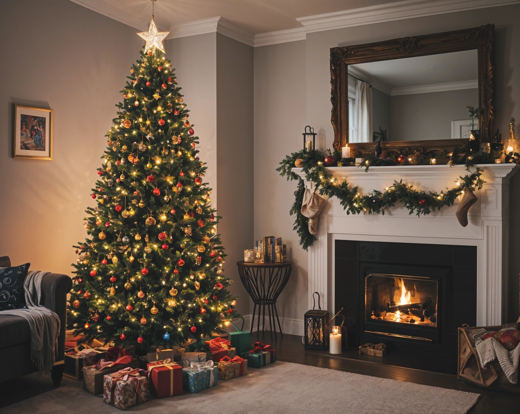 A Christmas tree in a living room with a fireplace and presents underneath. The tree is decorated with ornaments and lights, and there is a mirror above the fireplace. The room has a cozy and festive atmosphere.