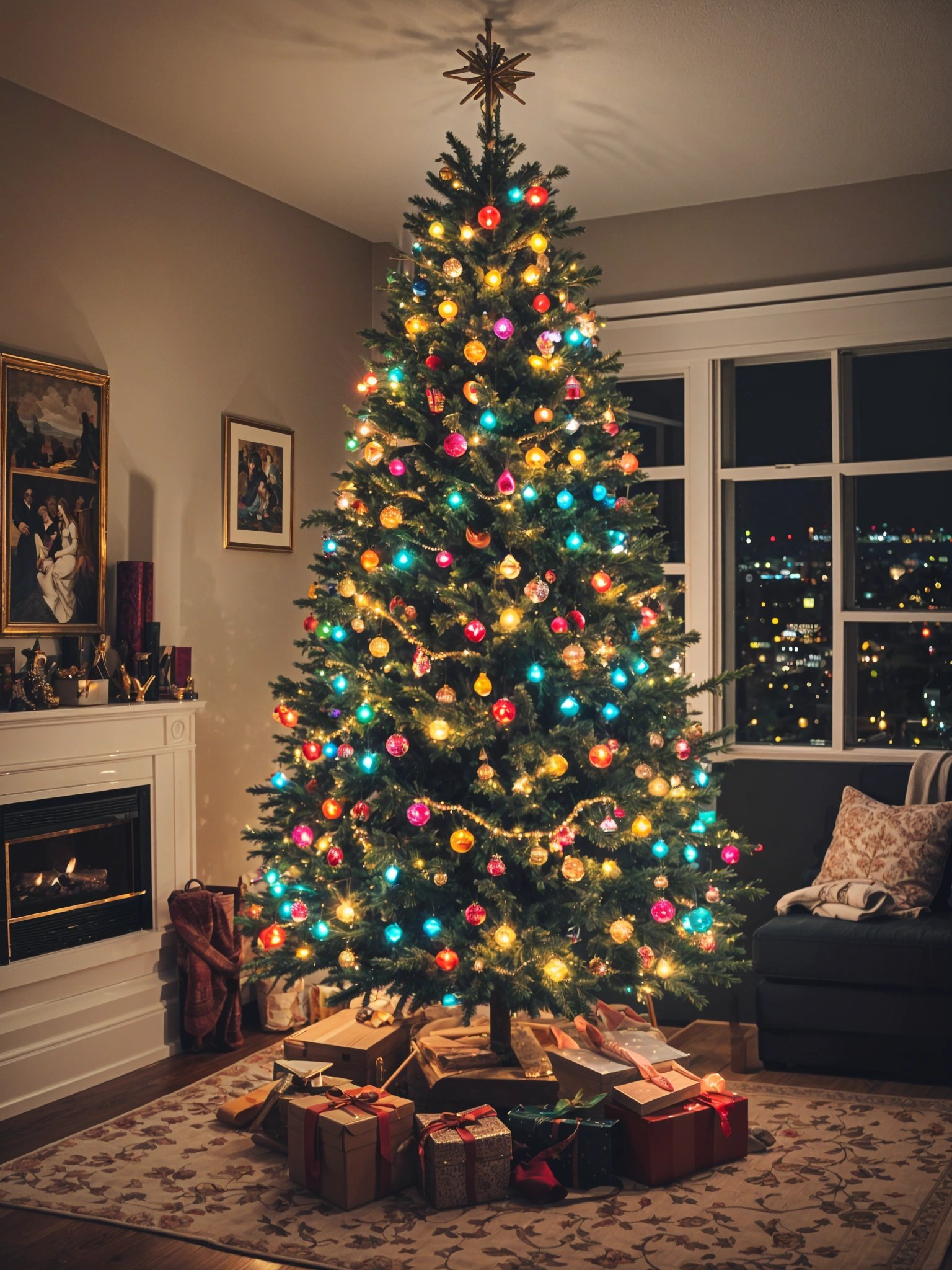 A Christmas tree with colorful lights and ornaments in a living room.