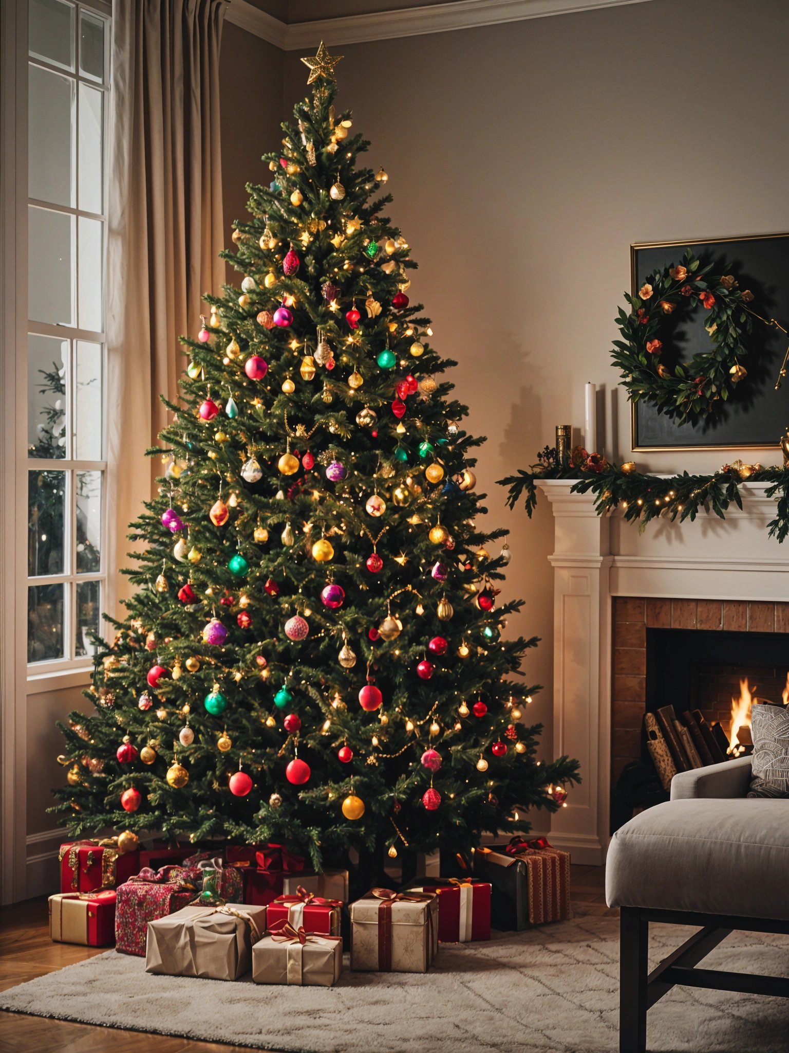 A Christmas tree with colorful ornaments and presents underneath it.