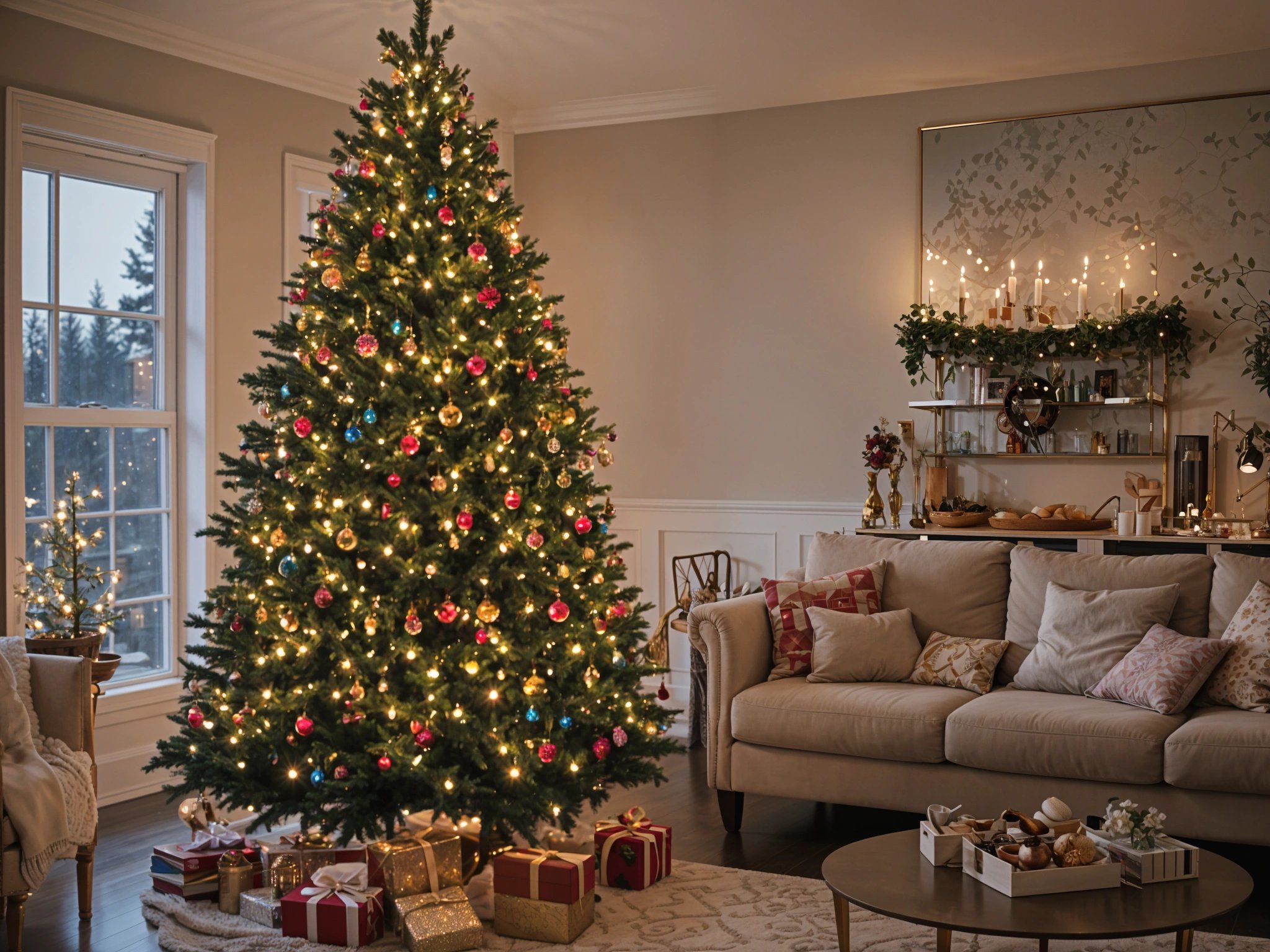 A Christmas tree in a living room with presents underneath it. The tree is decorated with ornaments and lights. The room also features a couch and a table with candles on it.