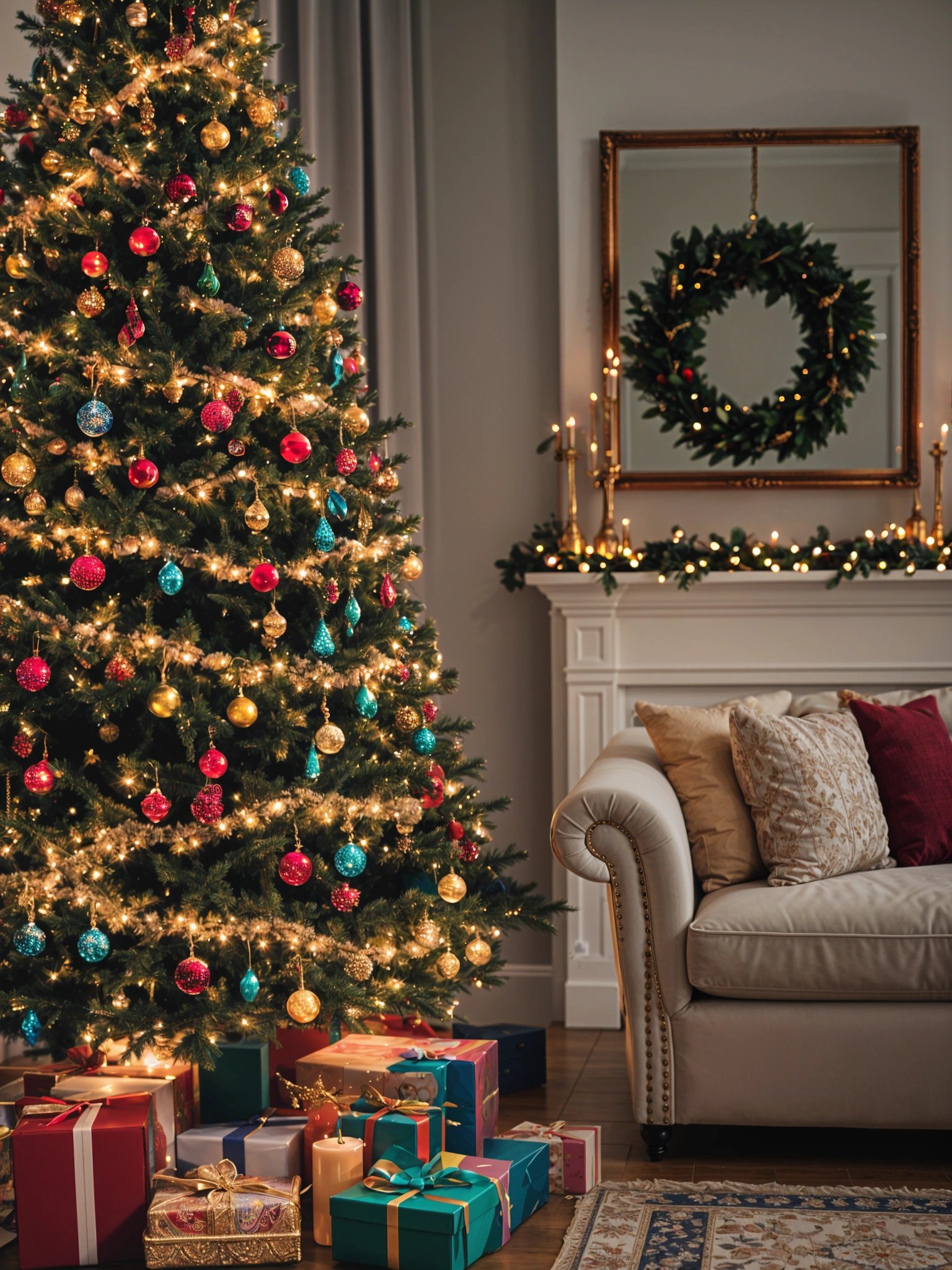 A Christmas tree with ornaments and lights in front of a white couch and pillows.