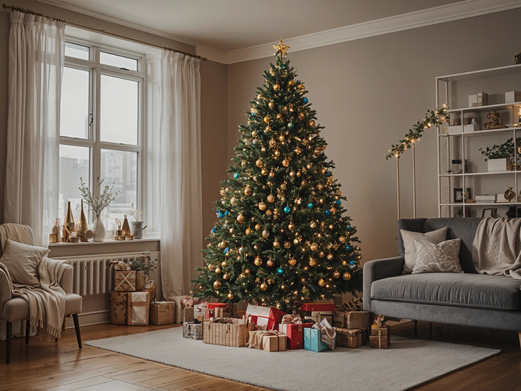 A Christmas tree in a living room with presents and ornaments.