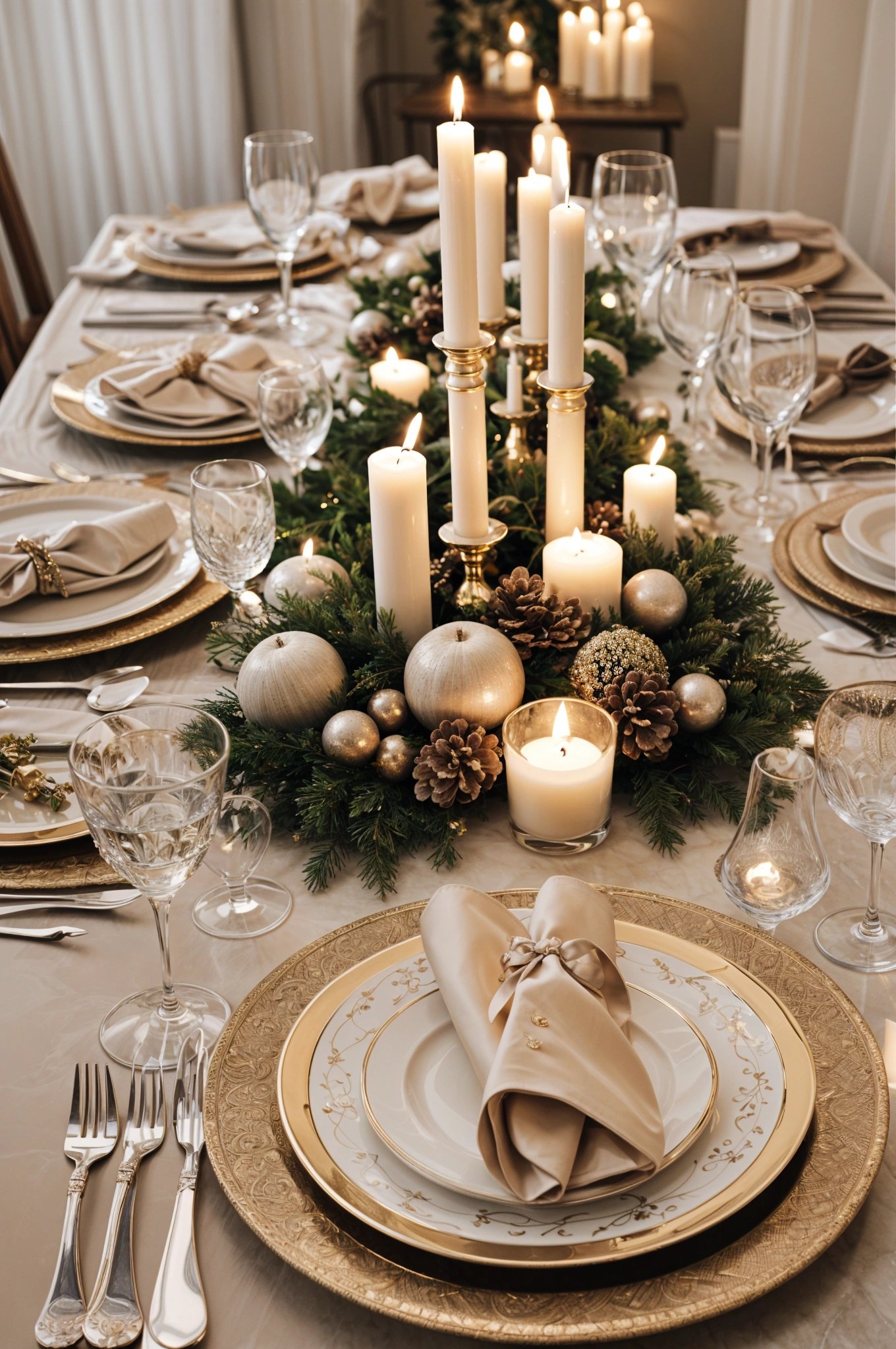 A fancy dinner table with candles and pine cones. The table is set for a holiday dinner.