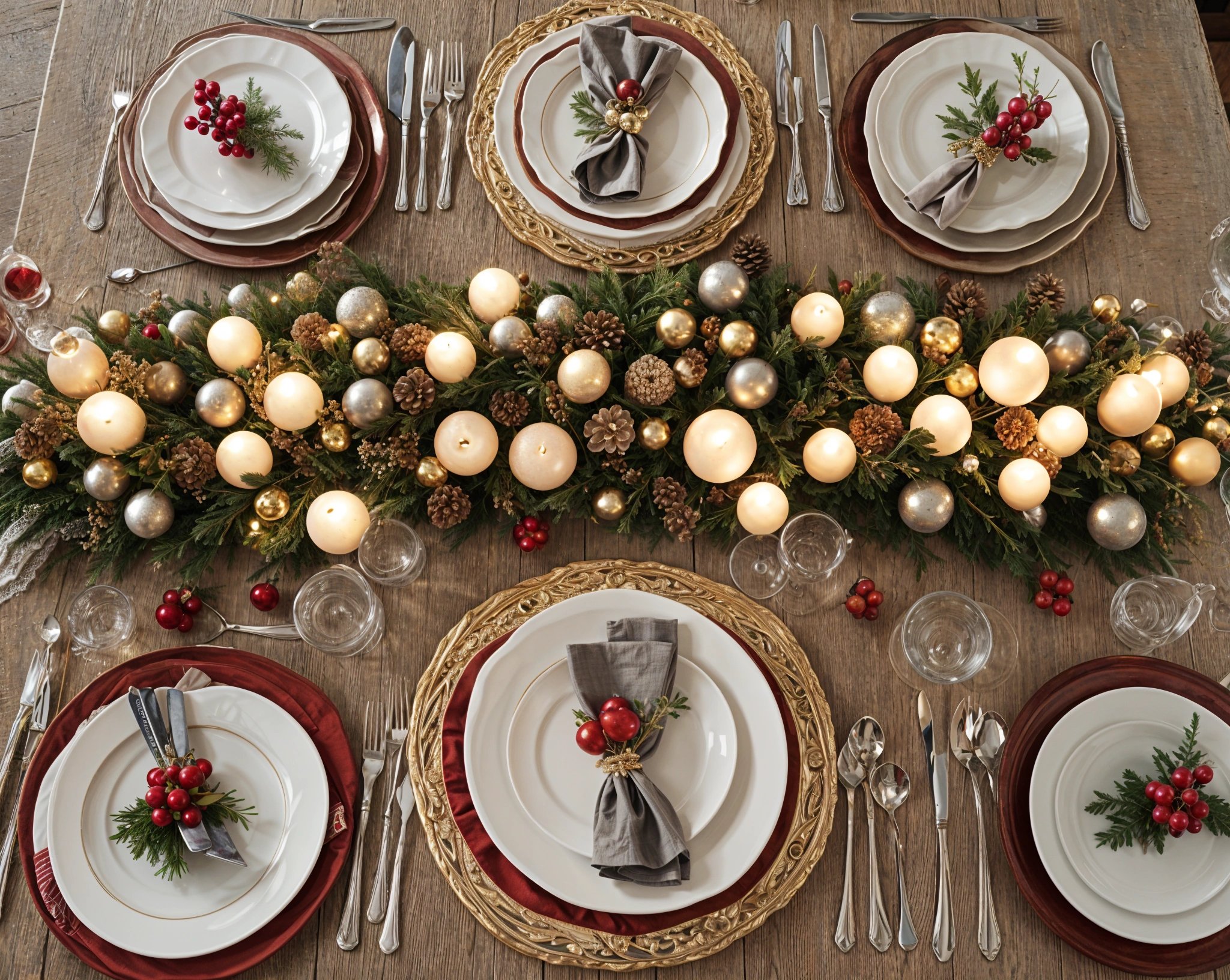 A dinner table set for a holiday dinner, featuring a garland of lights and candles. The table is adorned with a white tablecloth and red napkins, and is set with plates, bowls, and wine glasses.