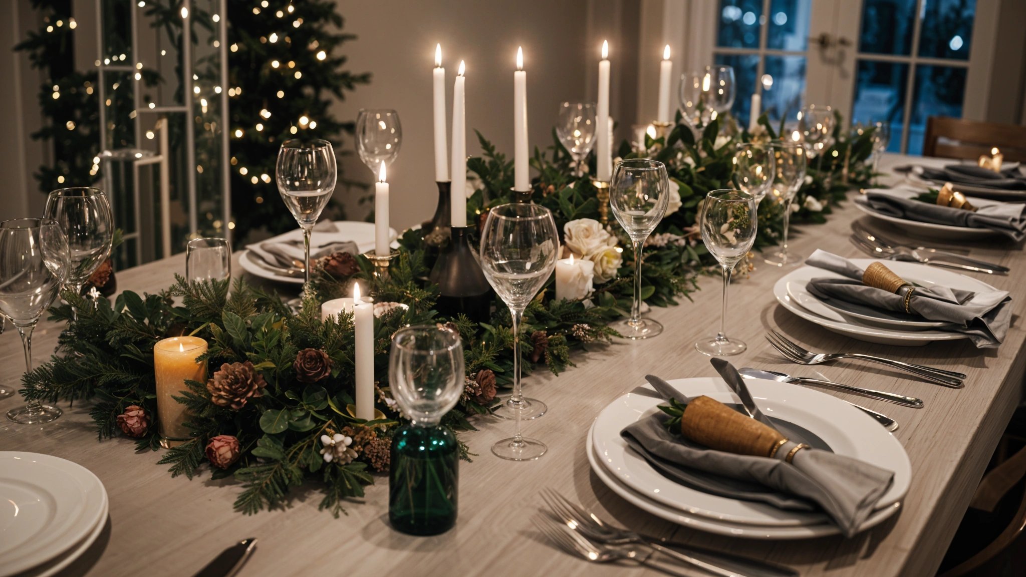 A dinner table set with candles, wine glasses, and a centerpiece of flowers.