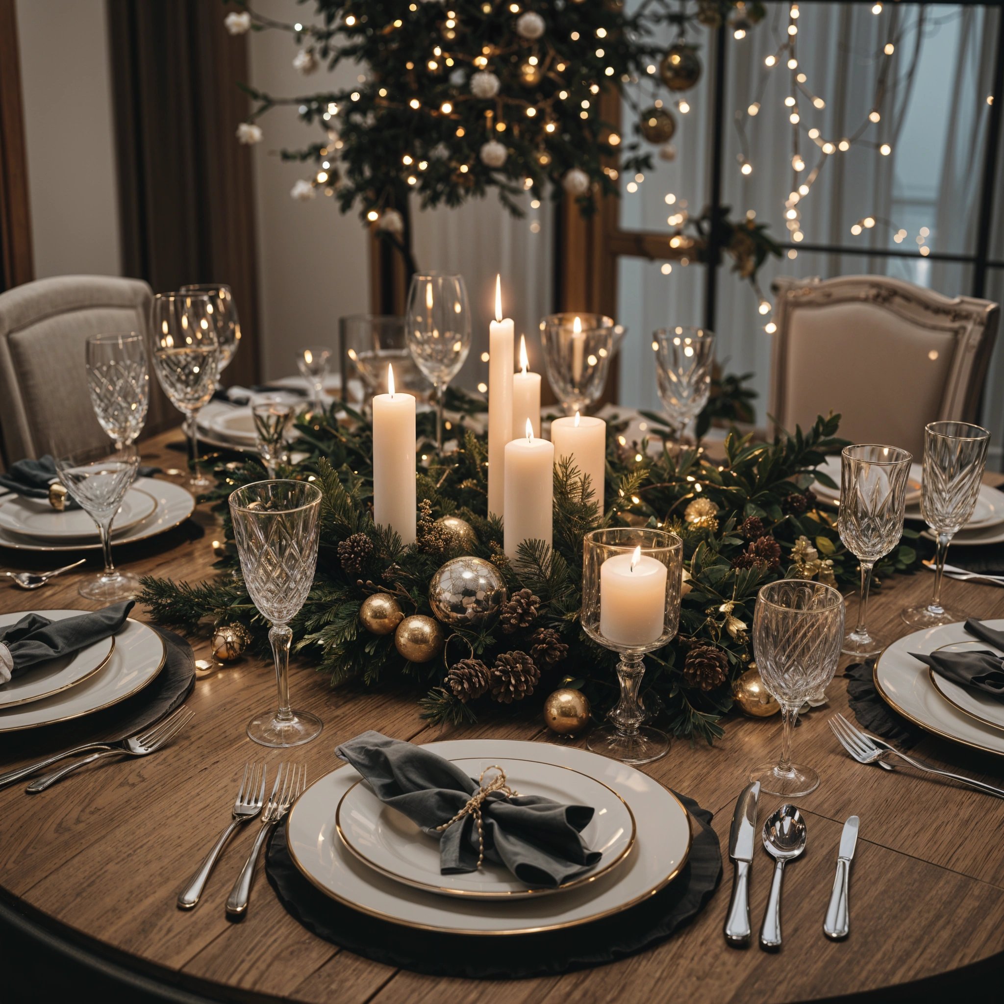 A dinner table set for a holiday meal with candles and place settings. The centerpiece features pine cones and candles, creating a warm and inviting atmosphere.