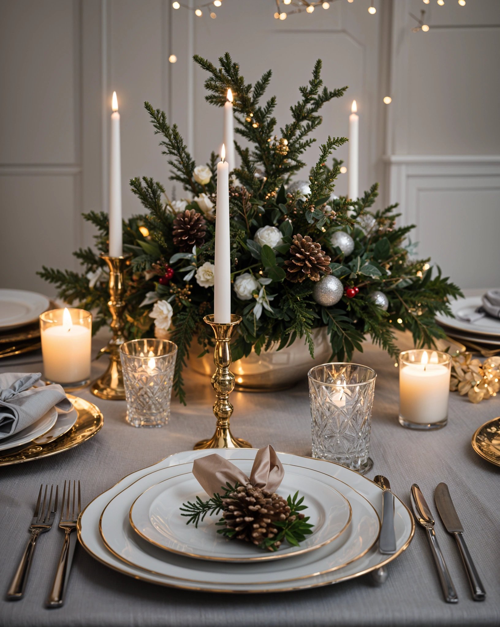 A table set for a fancy dinner with a centerpiece of pinecones and candles. The table is set with plates, forks, knives, and spoons. The tablecloth is white and the candles are lit, creating a warm and inviting atmosphere.