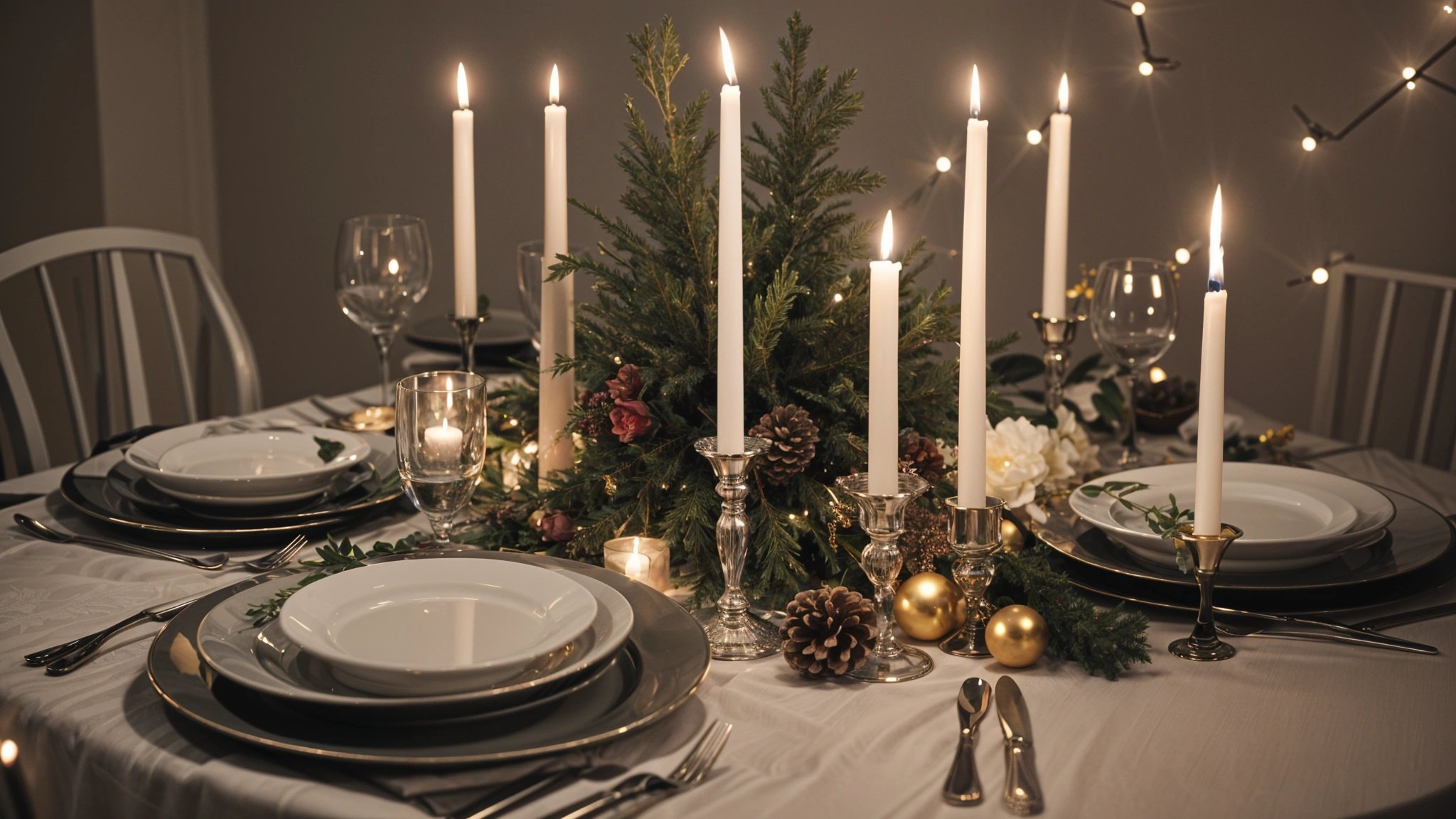A Christmas tree centerpiece on a dinner table with candles, gold accents, and white flowers. The tableware includes plates, forks, knives, and spoons.