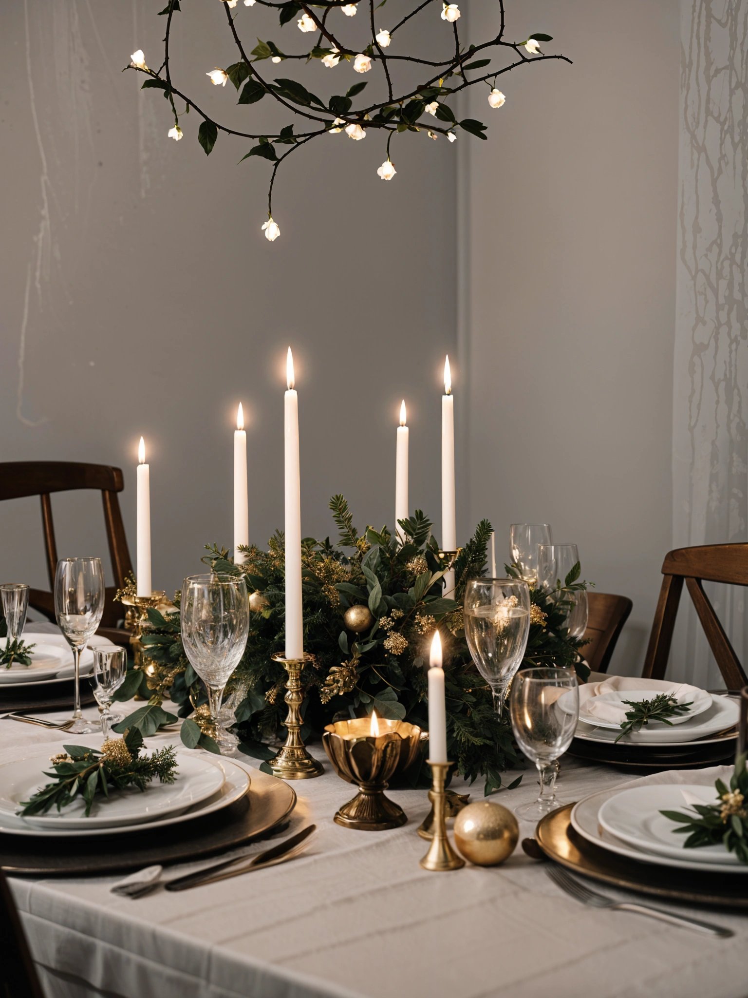 A dinner table set with candles and a plant, in a gold color scheme.