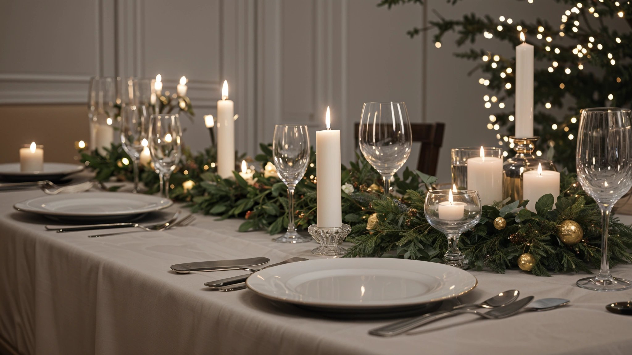A table set for dinner with candles, plates, and silverware. The table is adorned with greenery and lit candles, creating a warm and inviting atmosphere for a special meal.