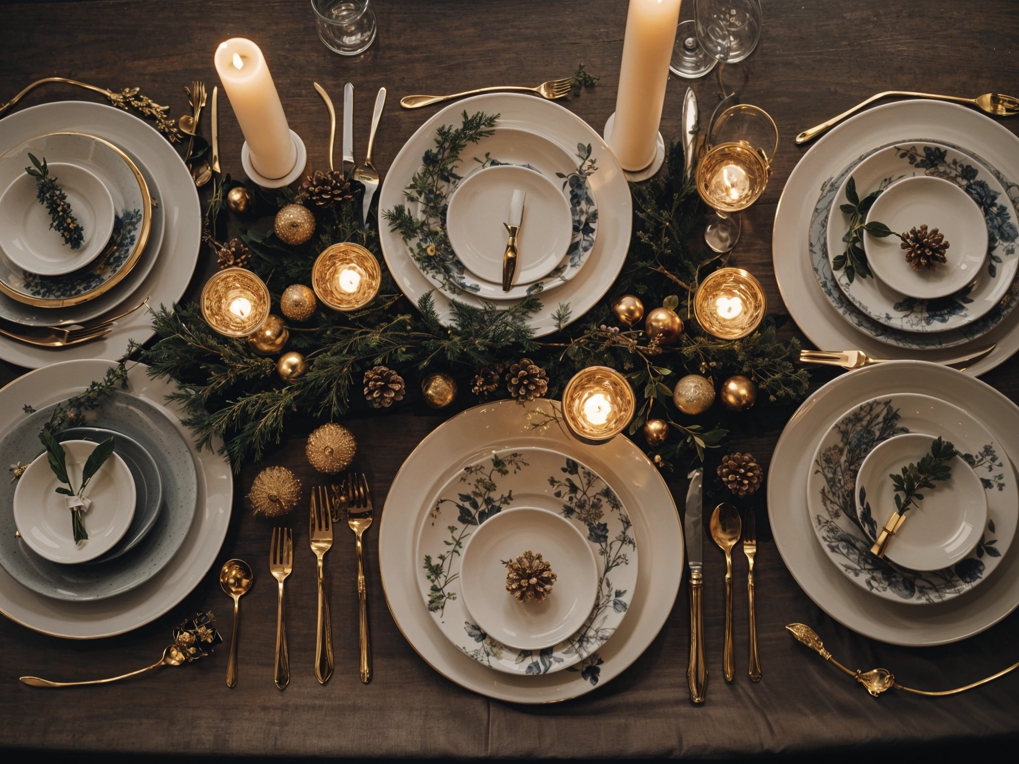 A fancy dinner table set for six people with white plates, gold forks, and candles. The table is adorned with a garland of pine cones and gold balls.