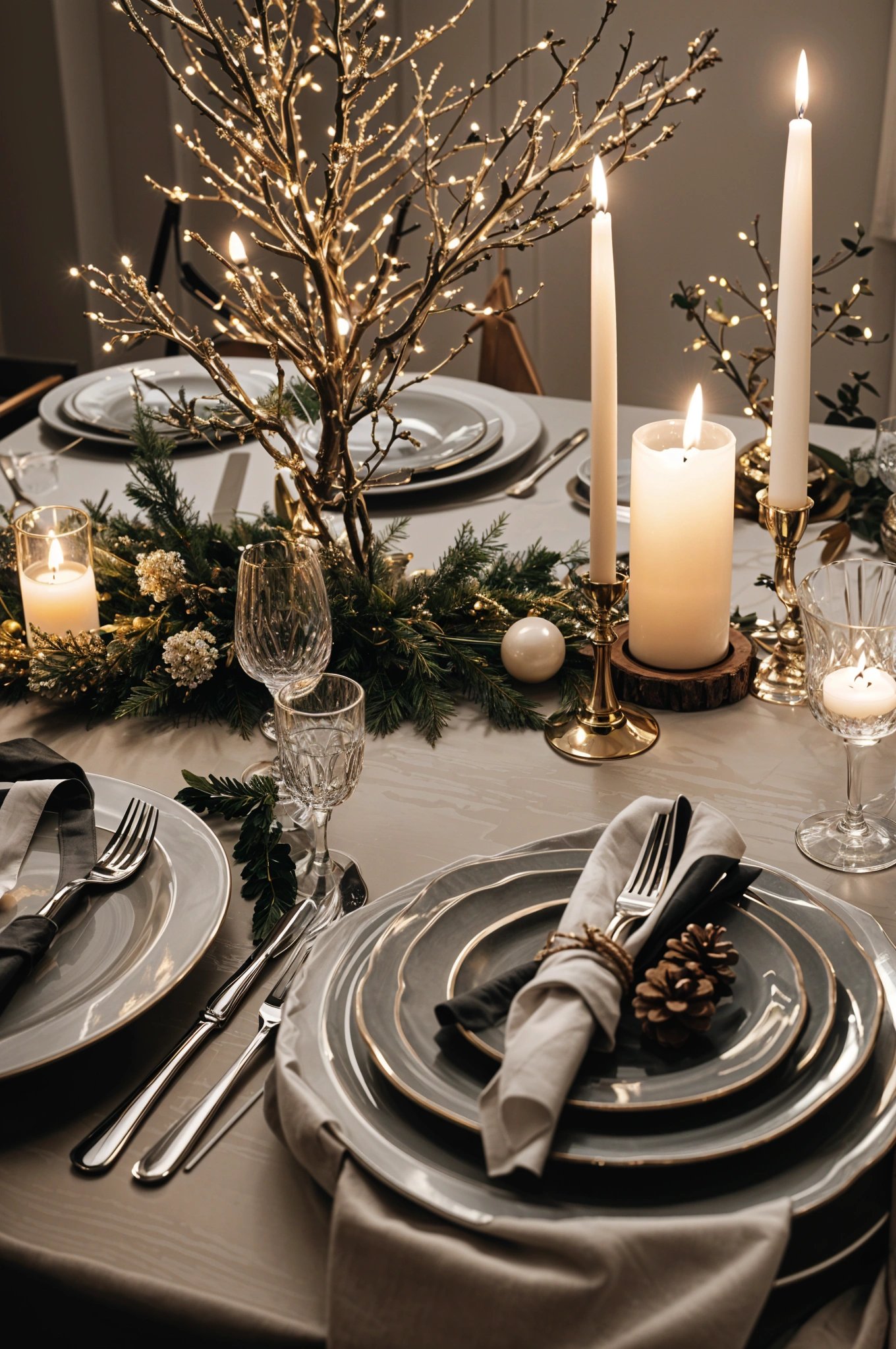 A fancy dinner table with candles and pinecones. The table is set for a holiday meal with a gold and white color scheme.