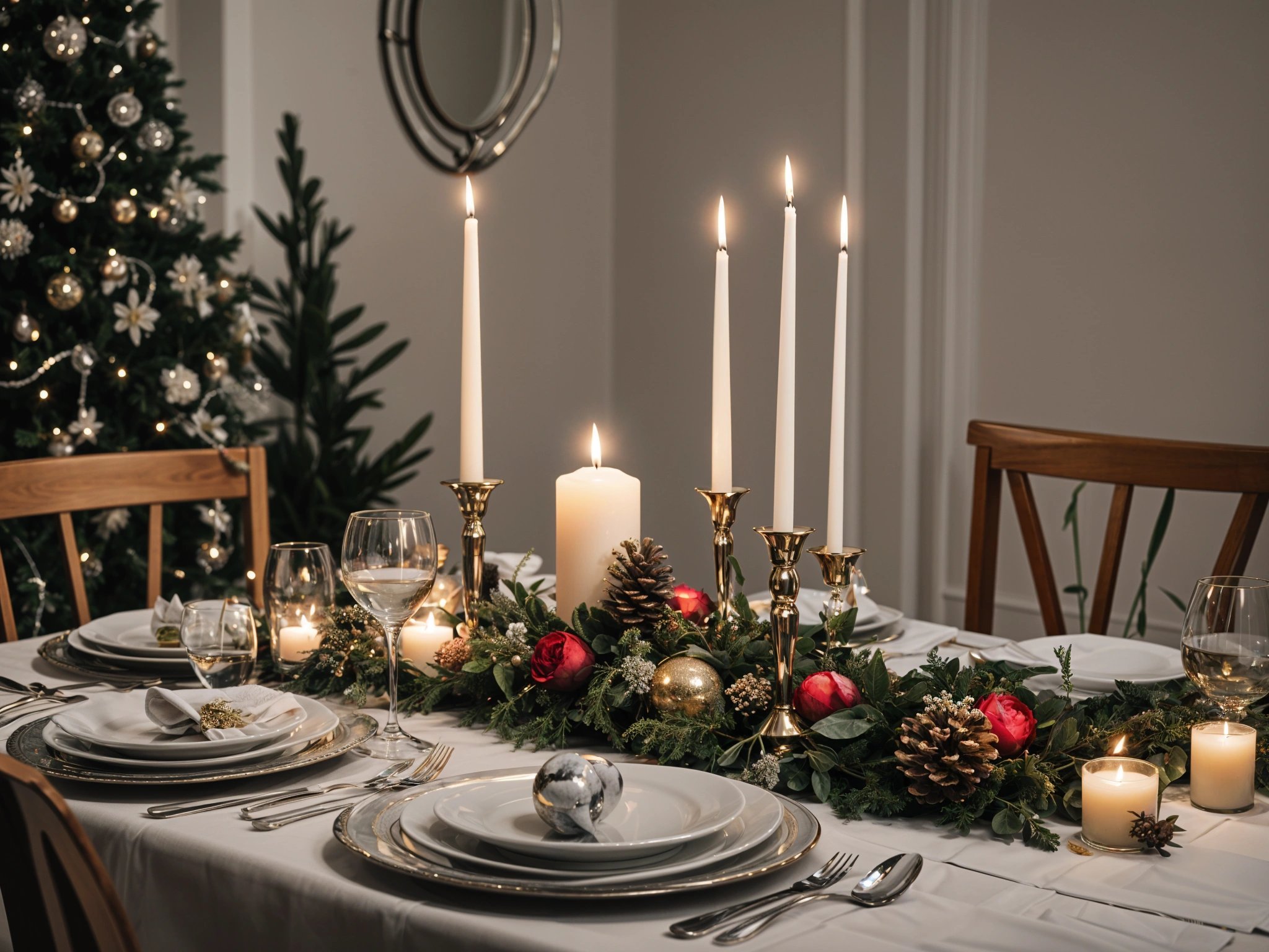 A dinner table set for Christmas dinner with candles and a centerpiece of pinecones.