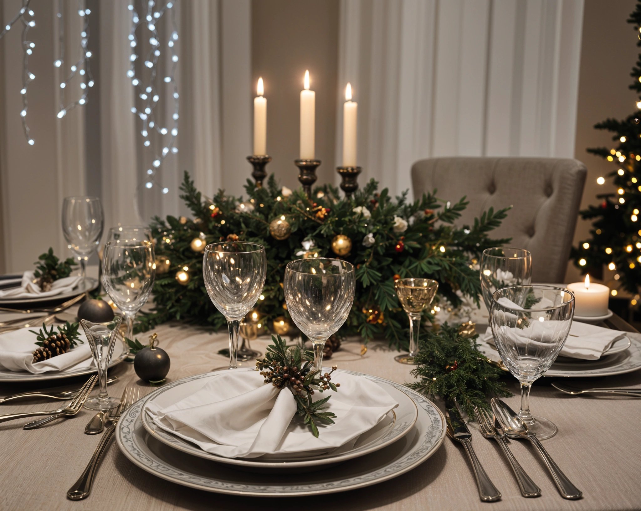 A dinner table set for a holiday dinner with candles, wine glasses, and a centerpiece of pine cones and berries.