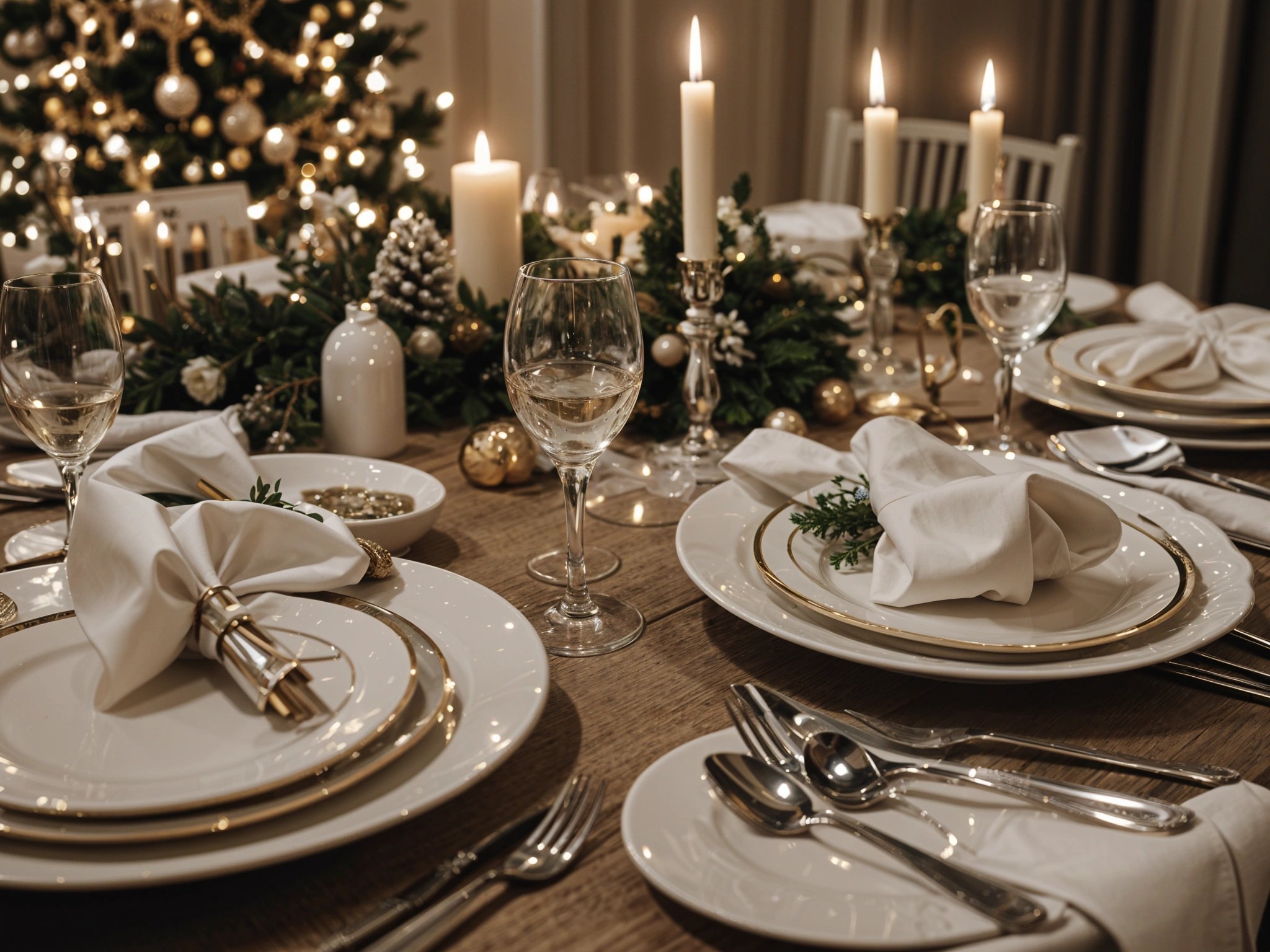 A dinner table set for a holiday meal with candles, wine glasses, and plates. The table is covered with a tablecloth and features a centerpiece of a potted plant.