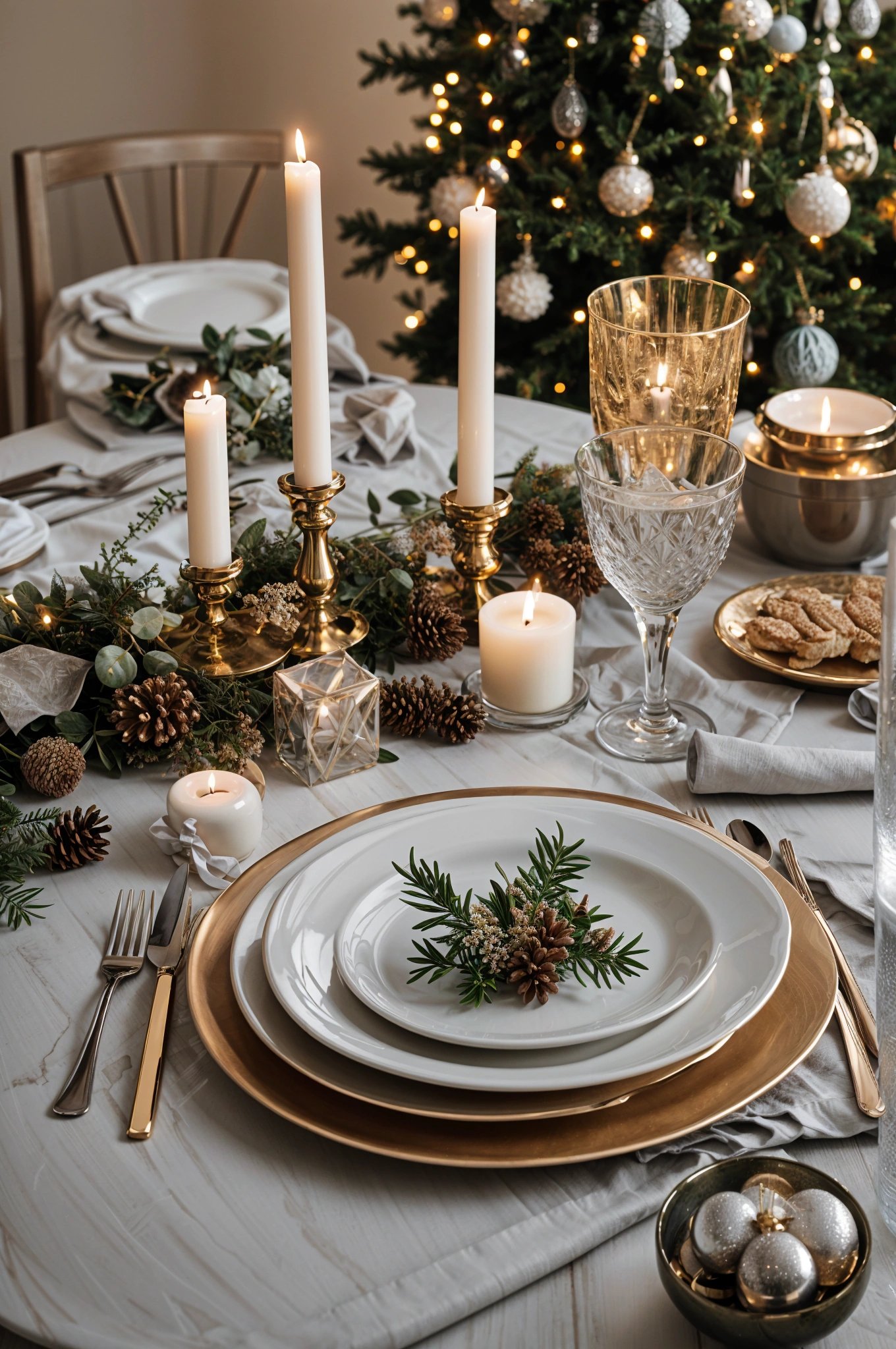 Fancy dinner table with candles and pine cones centerpiece