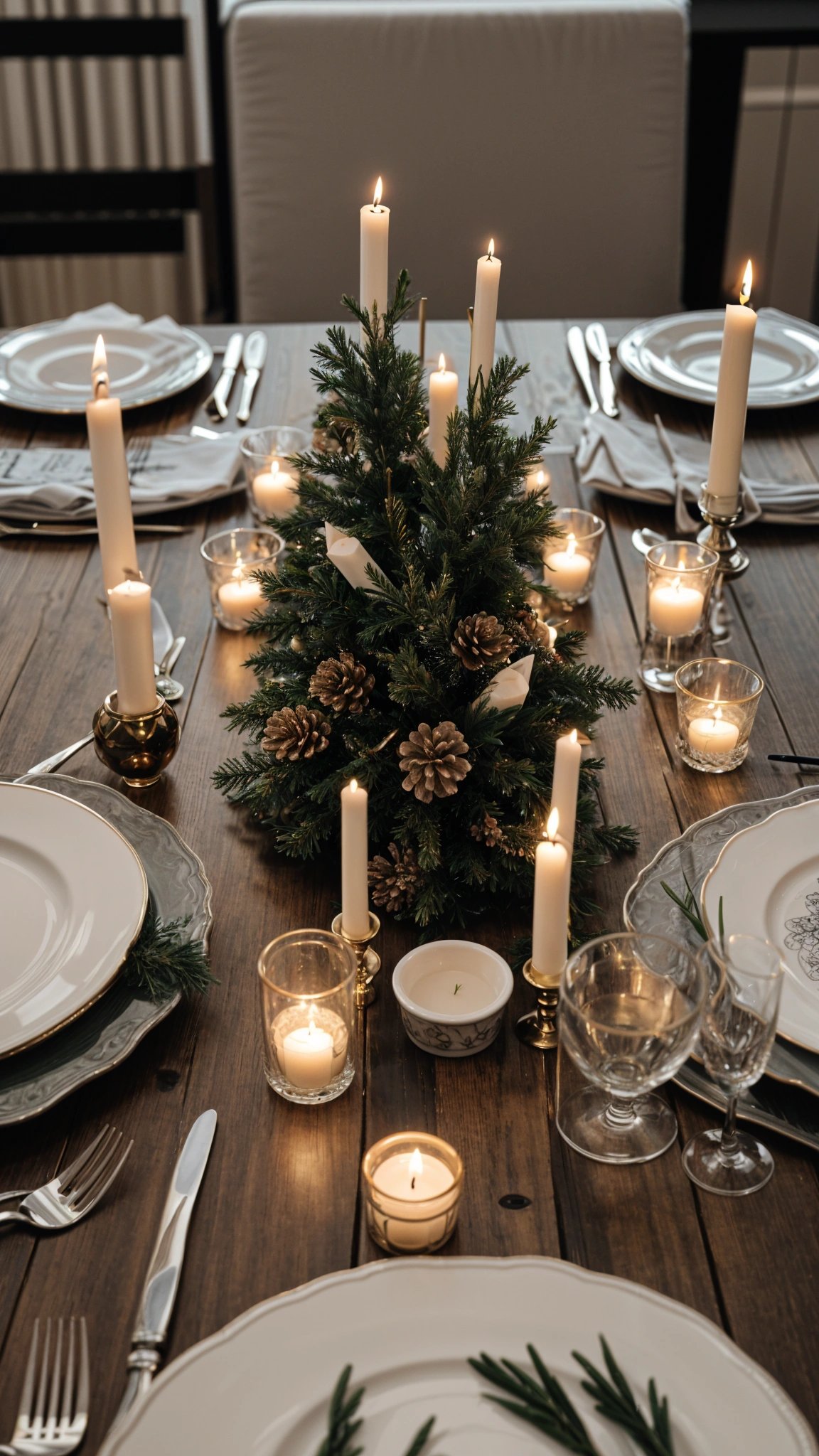 A dinner table with a Christmas tree in the center, surrounded by candles and plates. The table is set for a holiday meal, with silverware and glassware arranged neatly.