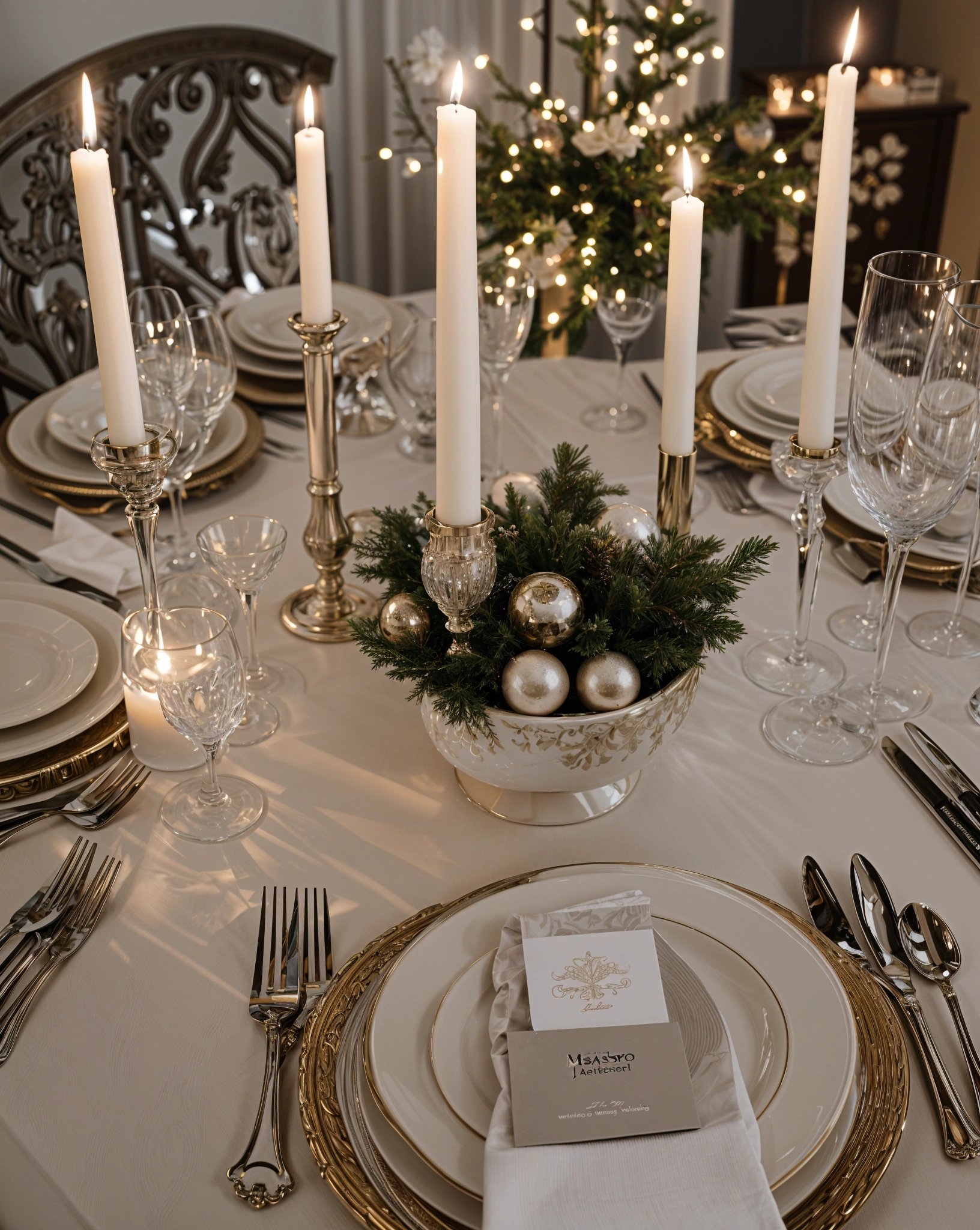 A fancy dinner table set for Christmas with gold plated candlesticks, wine glasses, forks, knives, and spoons.