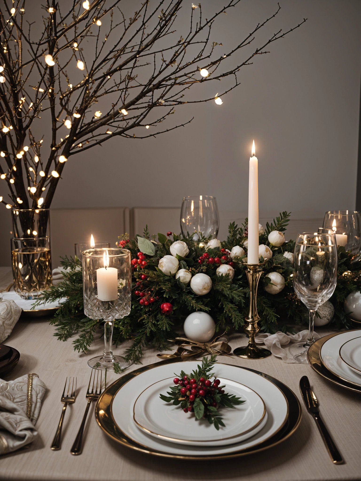 A dinner table set for two with candles, wine glasses, and a centerpiece of red berries and greenery.