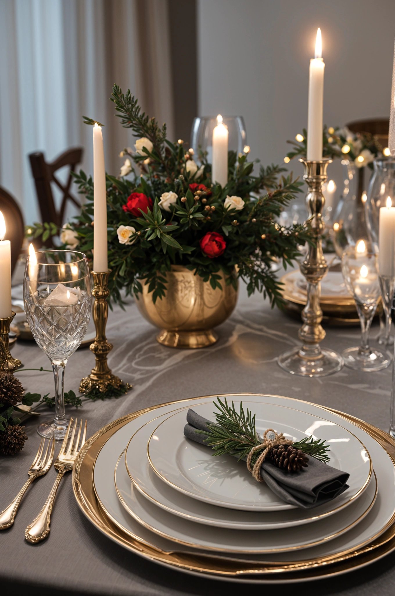 A fancy dinner table set with candles and a gold vase.