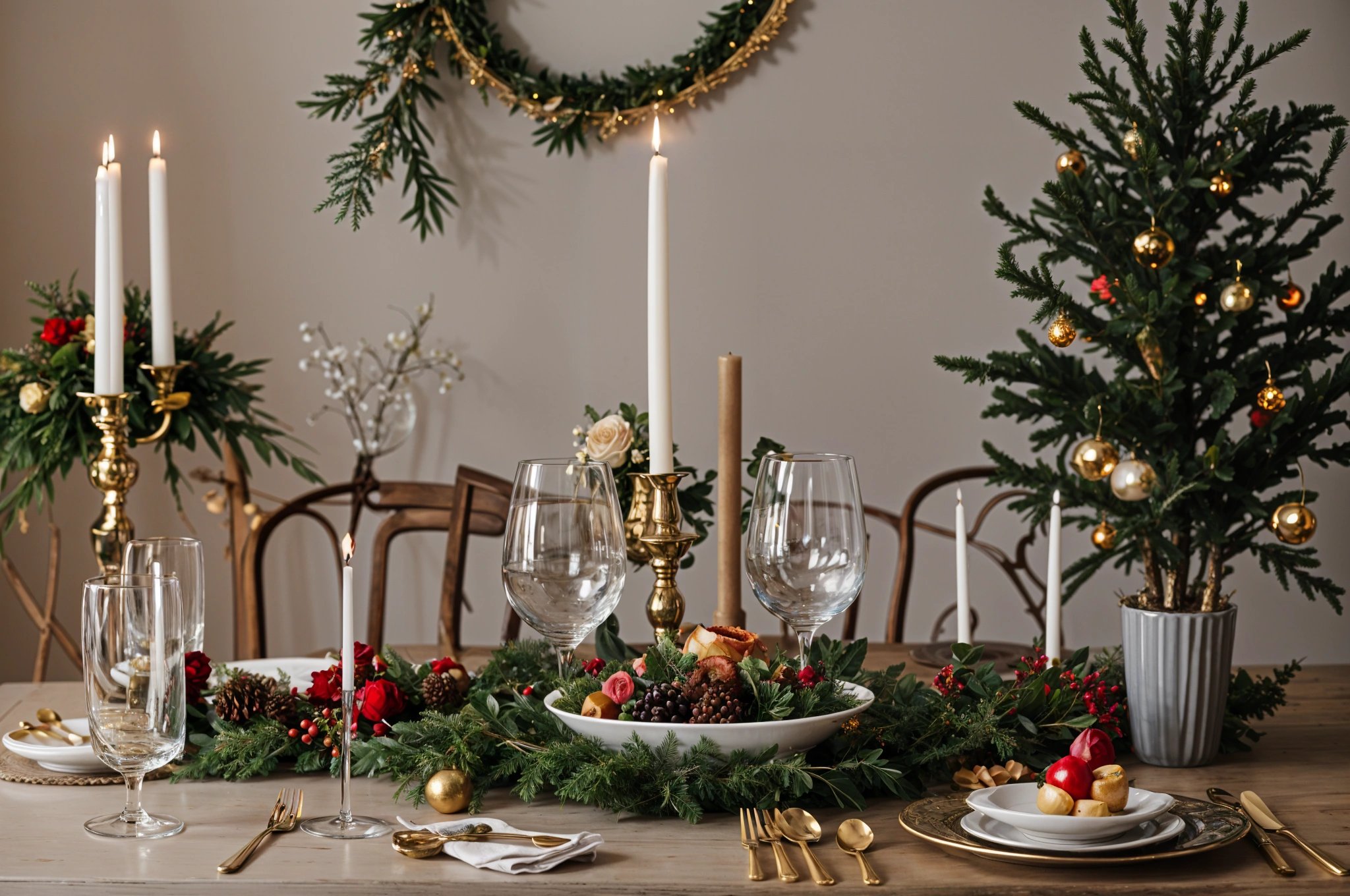 A dinner table set with candles, wine glasses, and a bowl of fruit. The table is adorned with a garland and a Christmas tree in the background.