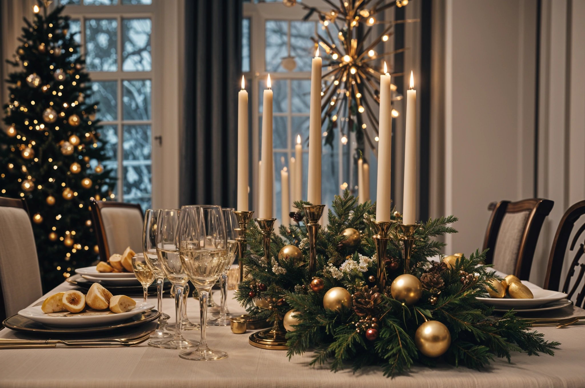 A table set for Christmas dinner with candles, wine glasses, and a centerpiece. The table is adorned with a beautifully decorated tree and gold ornaments.