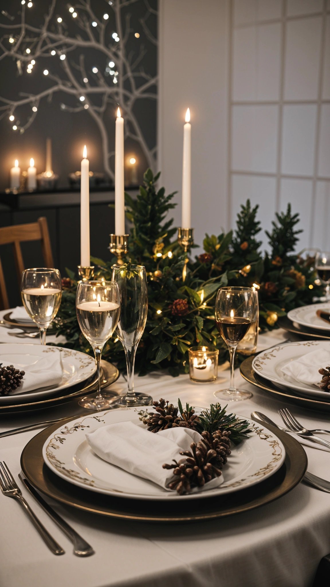 A dinner table set for a holiday meal with candles and wine glasses. The table is adorned with a pine tree centerpiece.