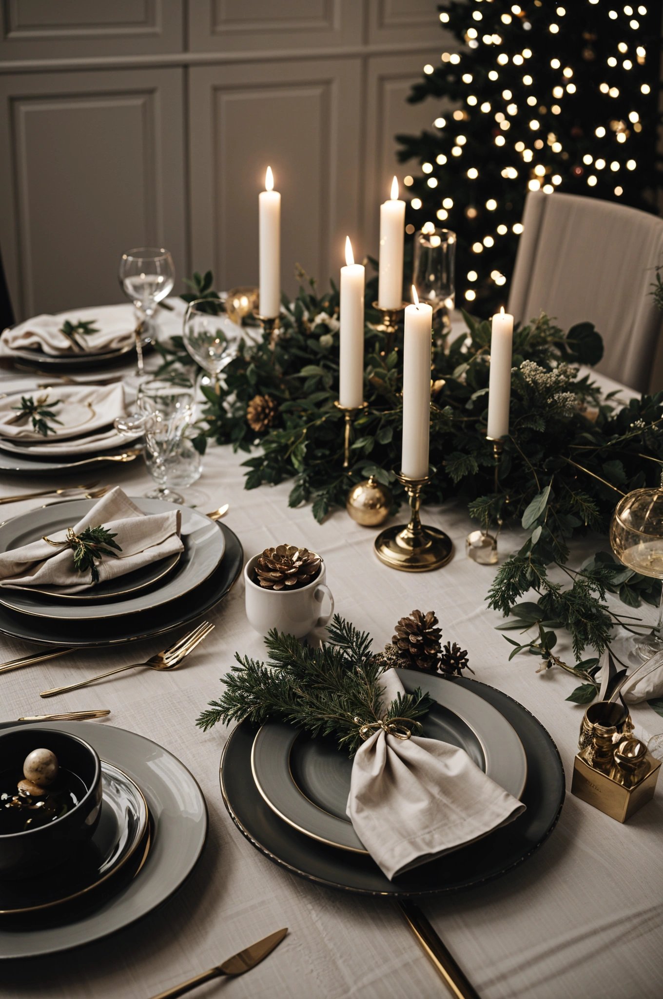 A dinner table set with candles and pine cones.