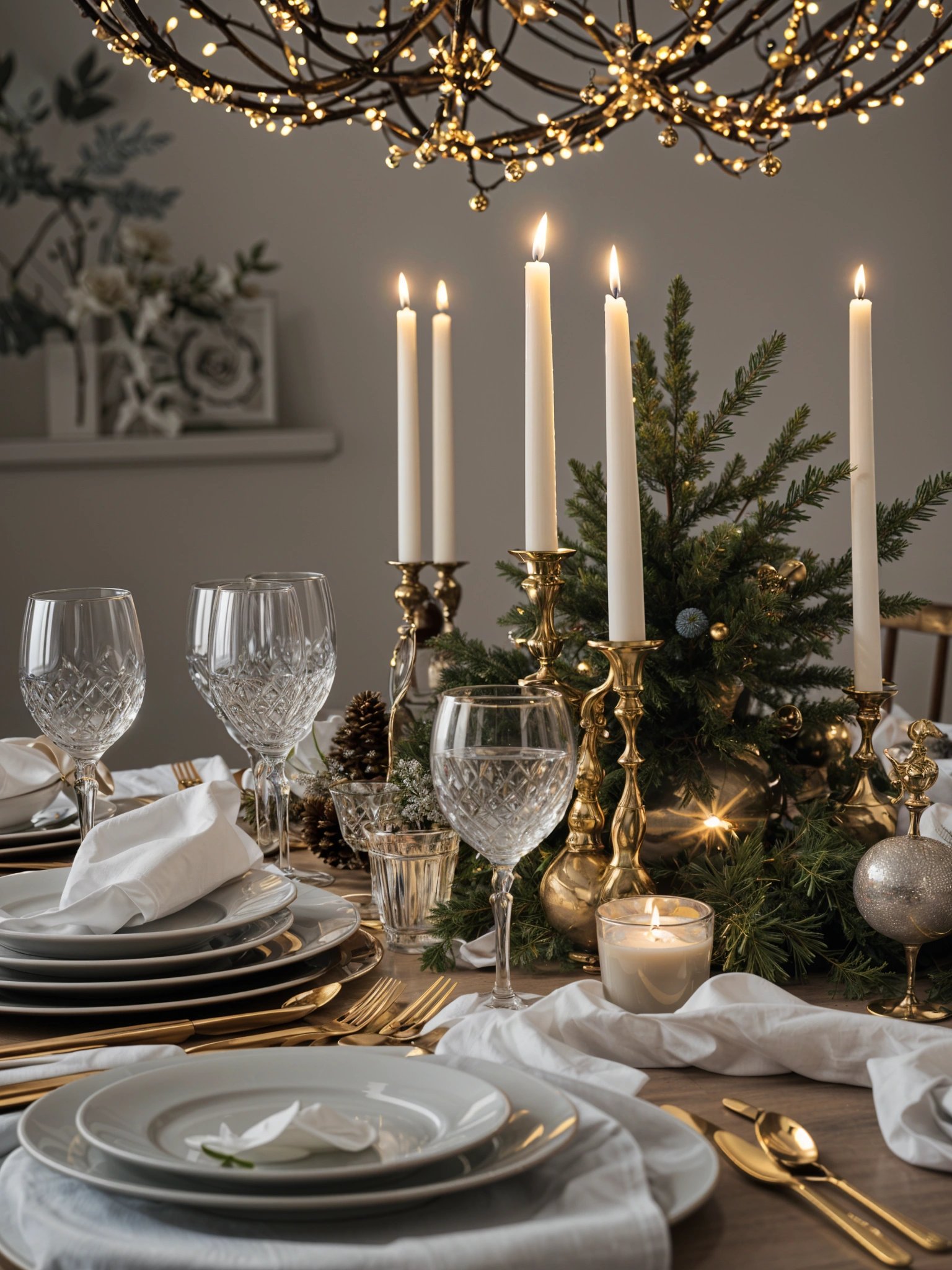 A dinner table with candles and a pine tree centerpiece. The table is set with gold accents and features wine glasses and dishes.