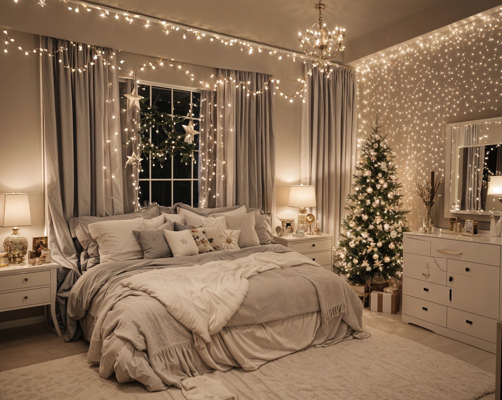 A bedroom with a Christmas tree and lights in the corner.