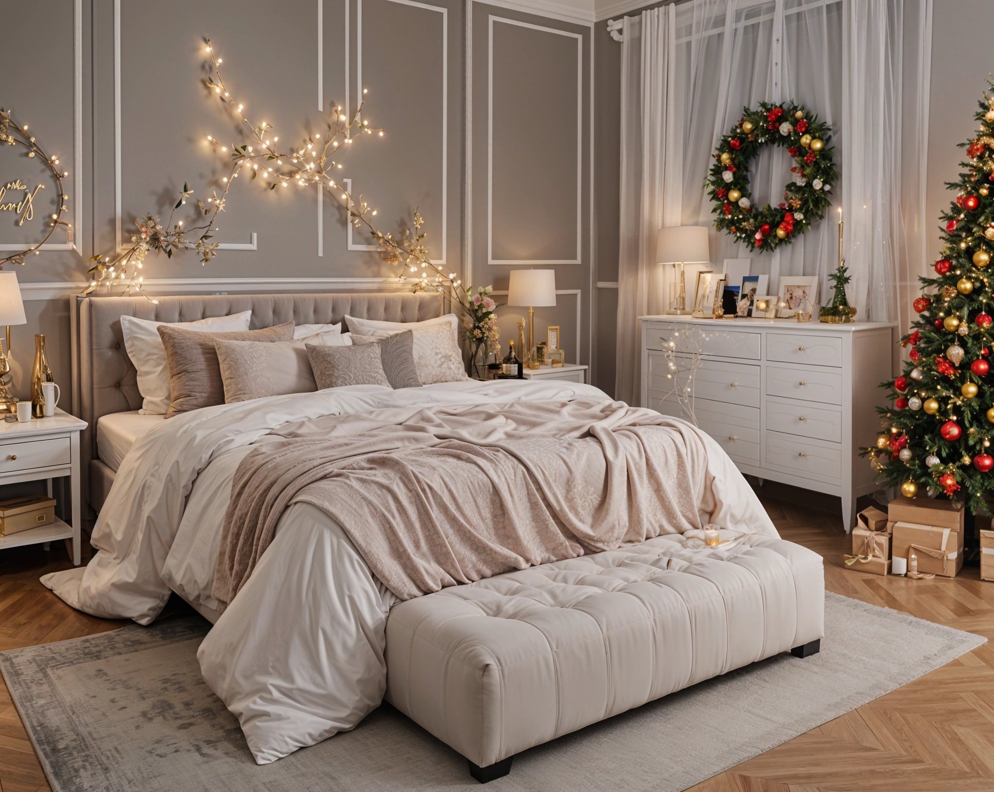 A bedroom with a large bed, bench, and Christmas decorations.