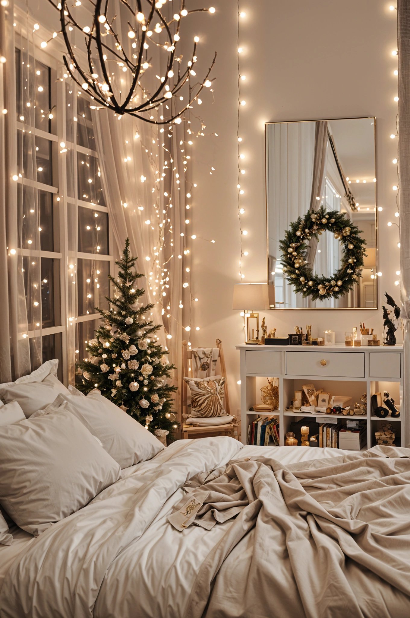 A bedroom scene with a bed, Christmas tree, mirror, and lights. The bed is covered in white sheets and blankets.