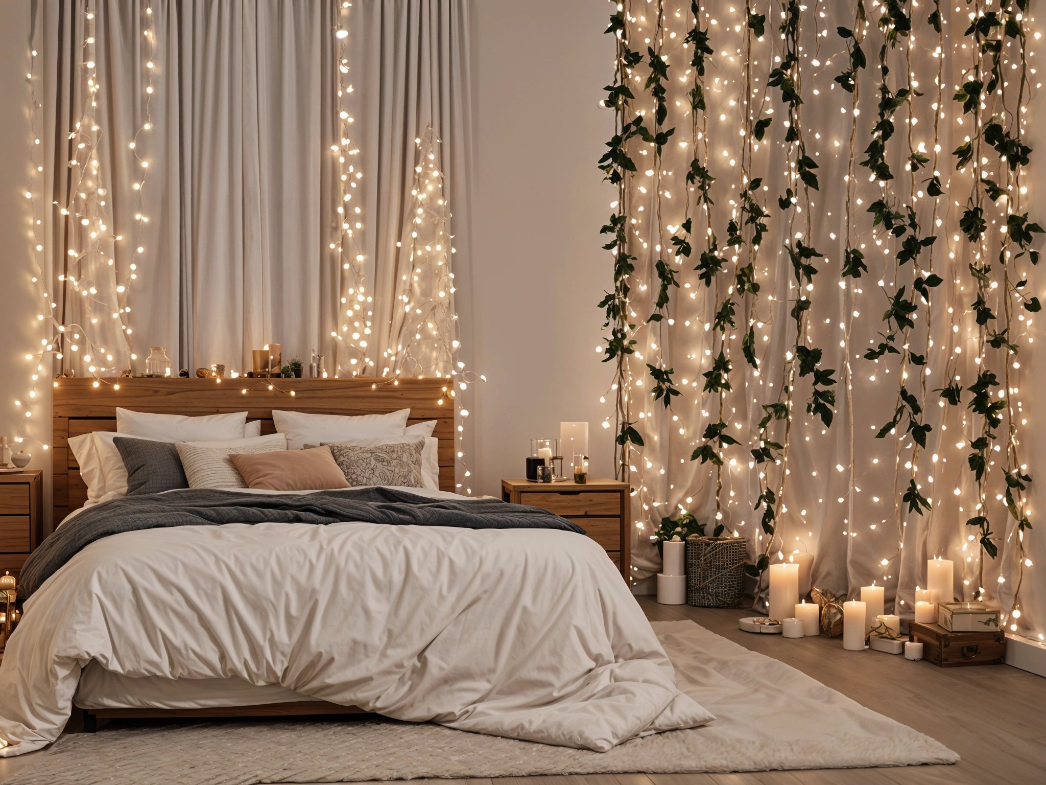 A bedroom with a bed and nightstand, featuring a white bedspread and a white comforter. The bed is adorned with white pillows and a grey blanket. The room is decorated with lights and plants, creating a cozy and inviting atmosphere.