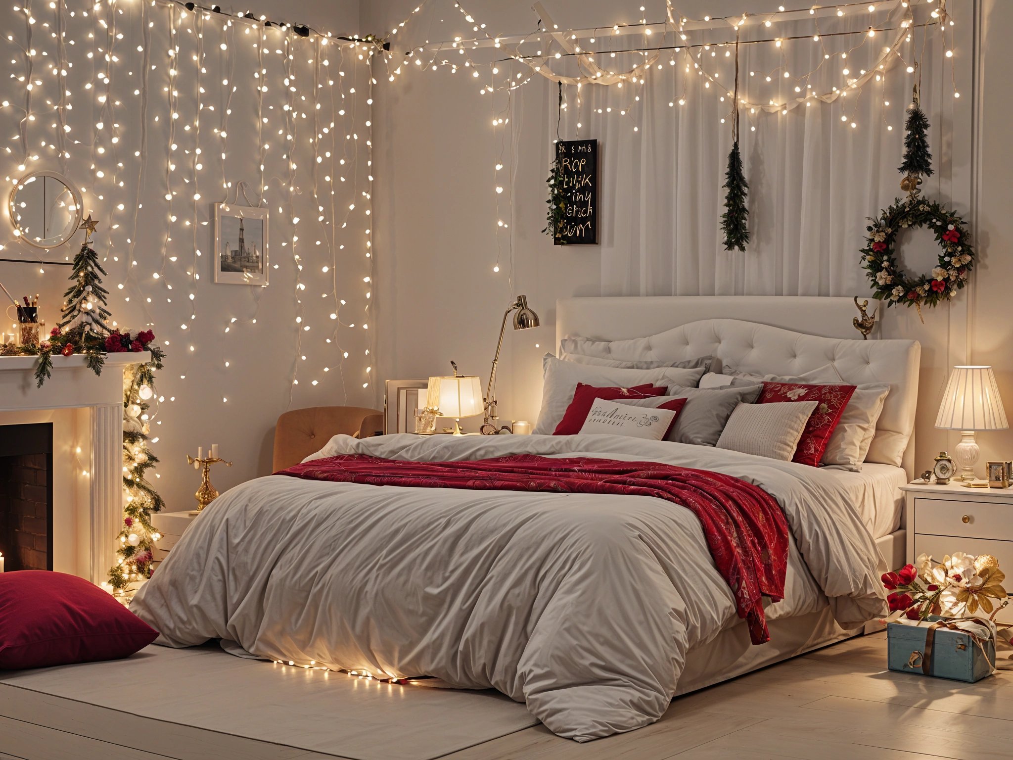 A bedroom with a white bed and a Christmas tree. The bed has a red blanket and is covered in white sheets. The room is decorated with lights and a picture on the wall. The bed is positioned in front of a window.