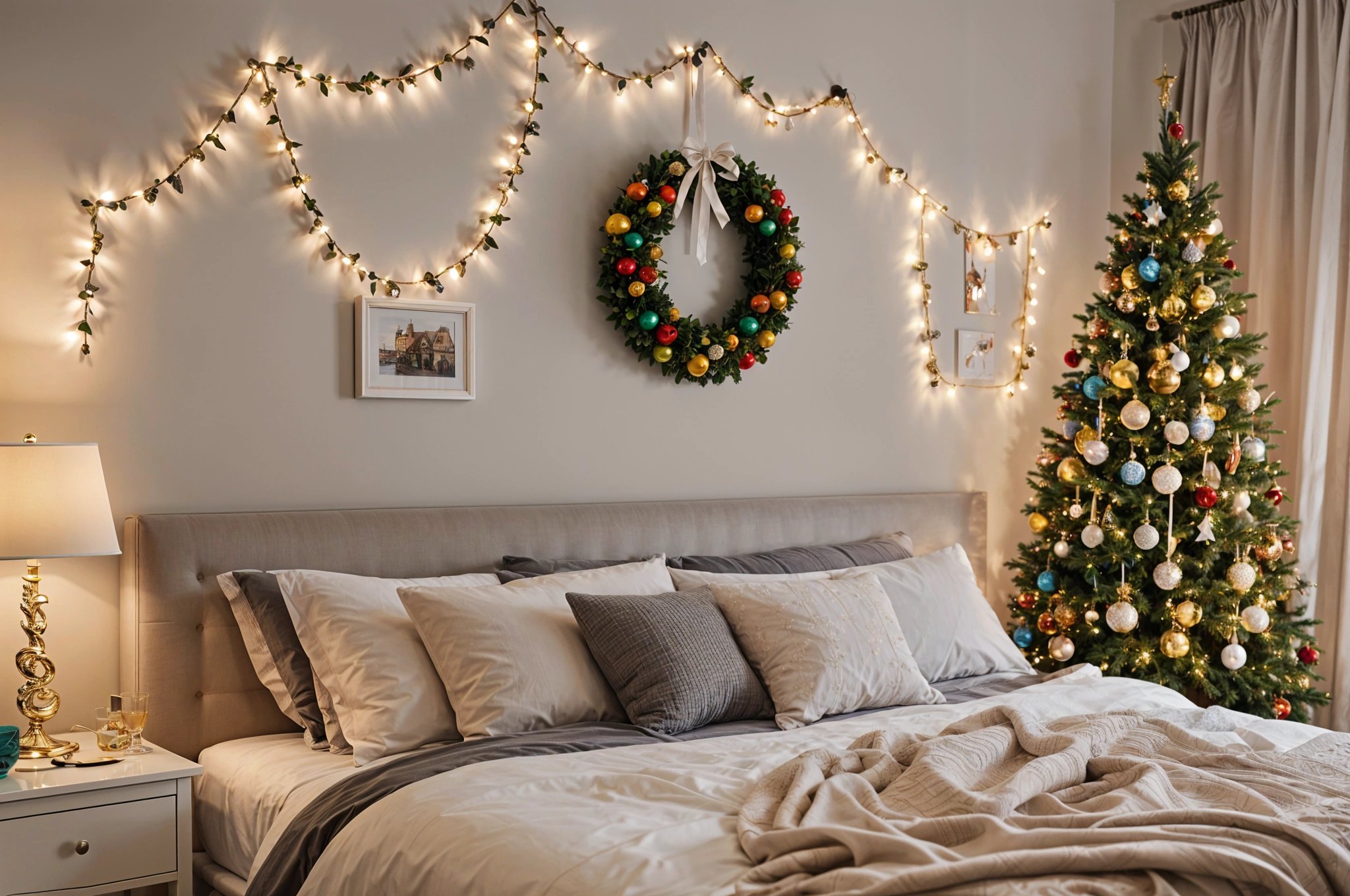 A bedroom with a bed and a Christmas tree. The bed is covered with a white comforter and has a green and white wreath hanging above it. The room is decorated with Christmas lights and ornaments.