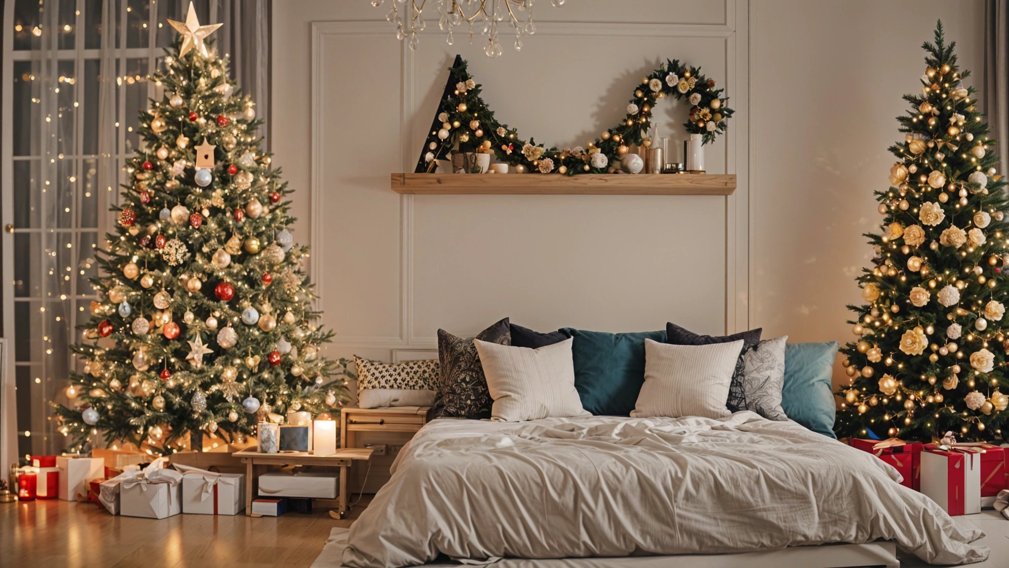 A bedroom with a bed and a Christmas tree in the corner. The bed has blue pillows and a white comforter.
