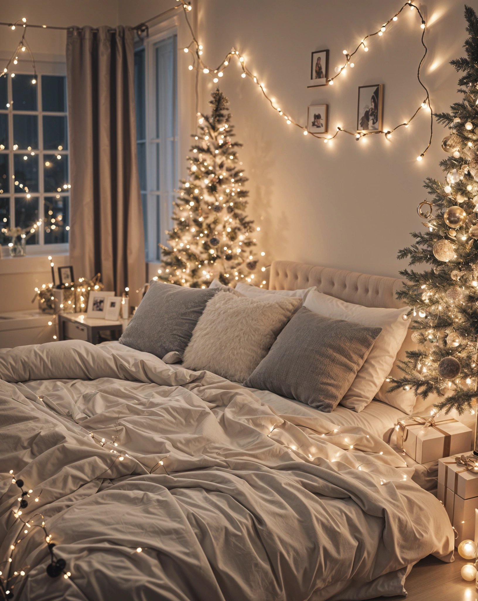 A bedroom with a bed and two Christmas trees. The bed is covered in white sheets and has two pillows. The room is decorated with lights and pictures on the wall.